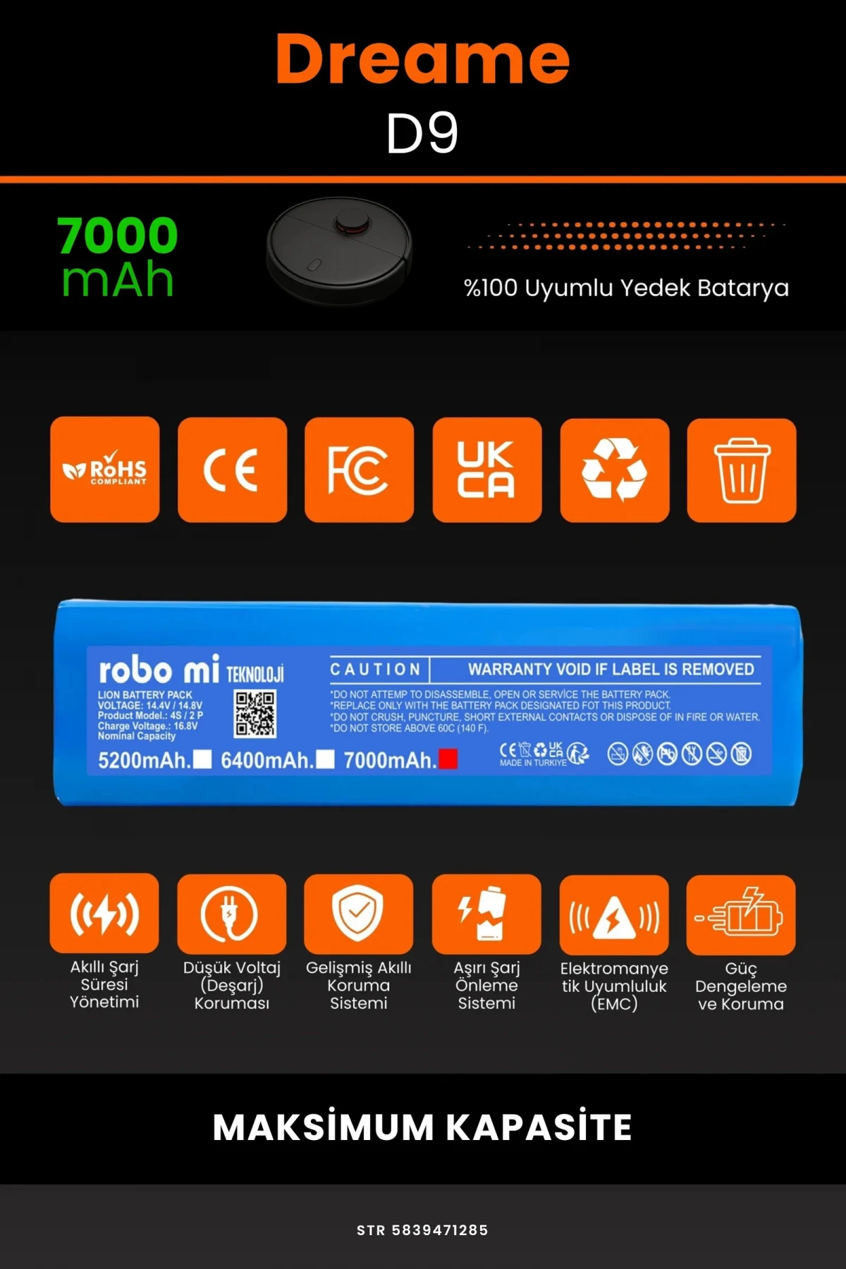 Dreame Vacuum Mop D9 7000mAh Robot Süpürge Bataryası - Gerçek Kapasite, Maksimum Güvenlik