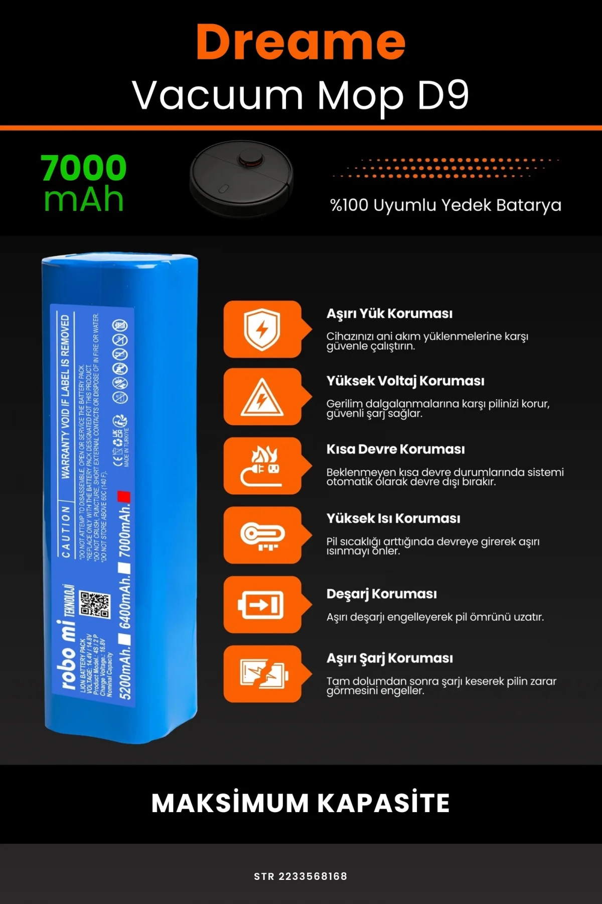 Dreame Vacuum Mop D9 7000mAh Robot Süpürge Bataryası - Gerçek Kapasite, Maksimum Güvenlik