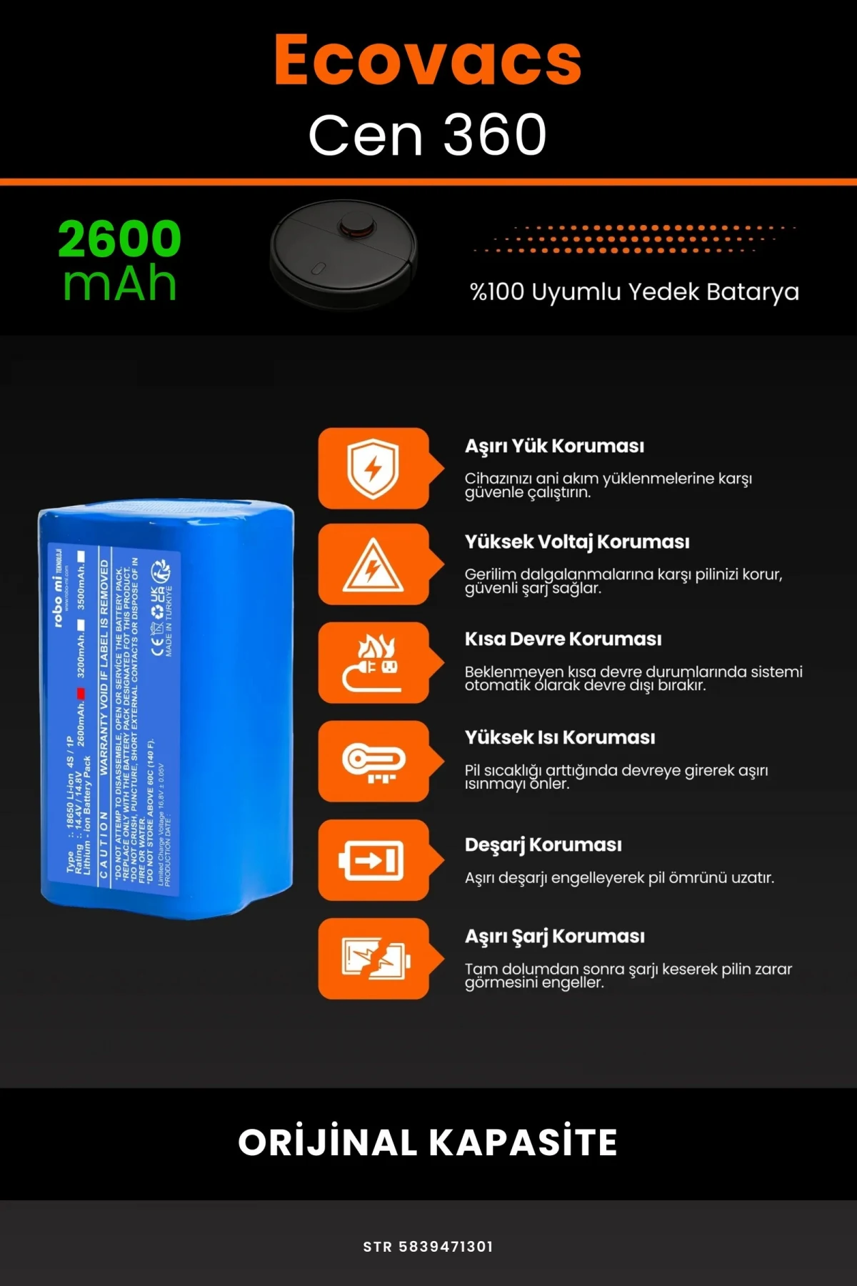 Ecovacs Deebot Cen 360 2600mAh Robot Süpürge Bataryası - Gerçek Kapasite, Maksimum Güvenlik