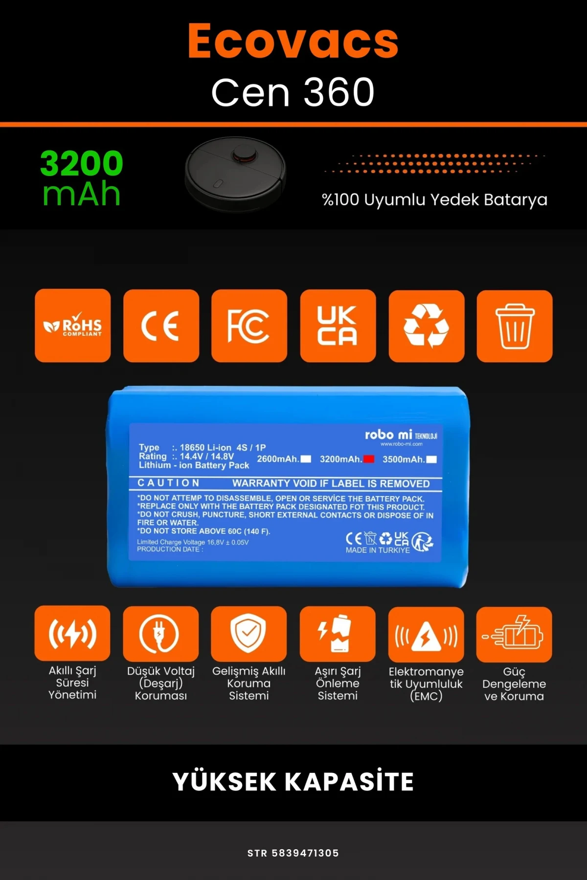 Ecovacs Deebot Cen 360 3200mAh Robot Süpürge Bataryası - Gerçek Kapasite, Maksimum Güvenlik