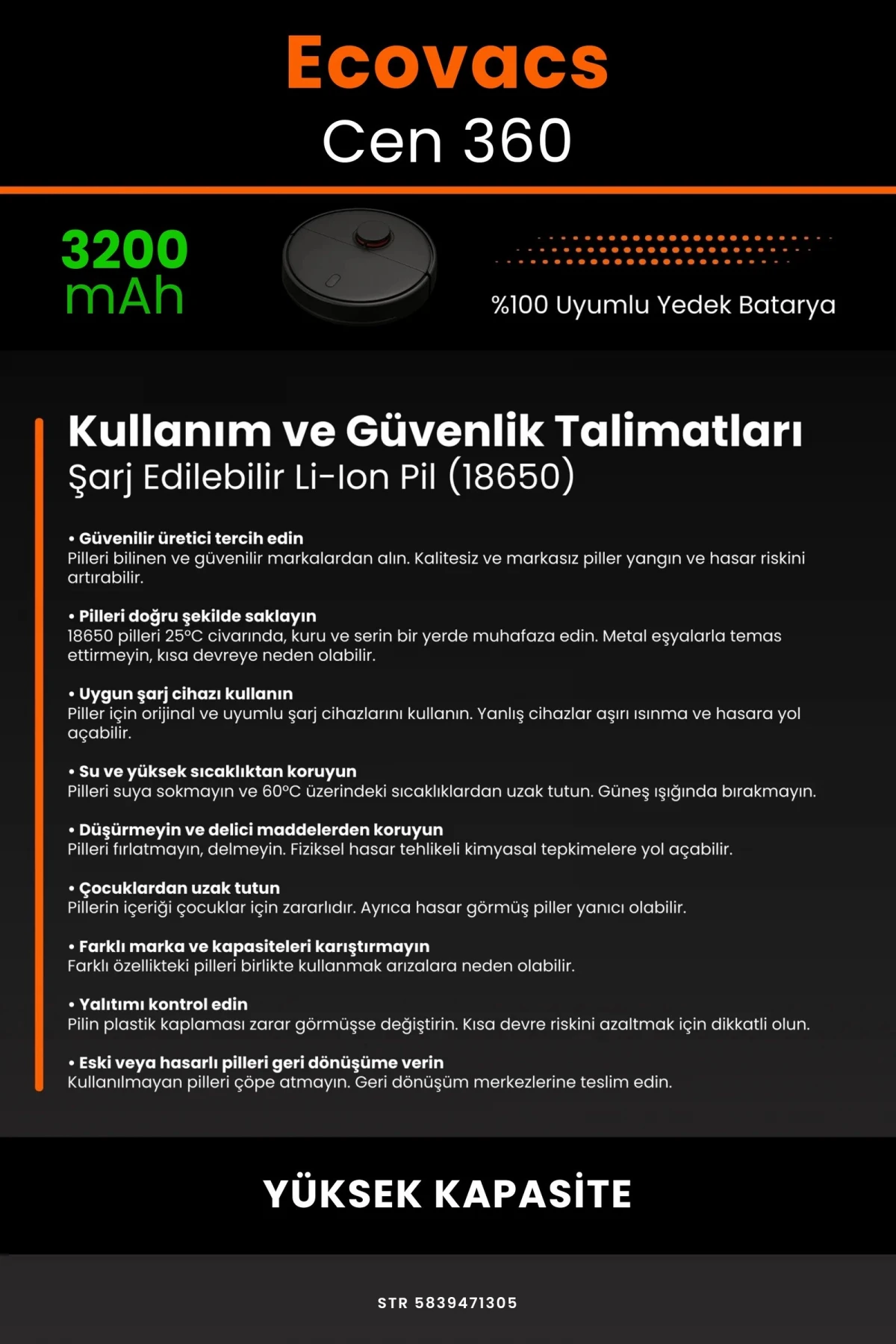 Ecovacs Deebot Cen 360 3200mAh Robot Süpürge Bataryası - Gerçek Kapasite, Maksimum Güvenlik