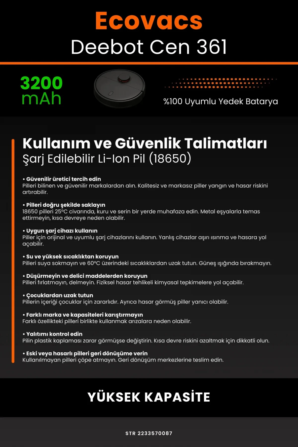 Ecovacs Deebot Cen 361 3200mAh Robot Süpürge Bataryası - Gerçek Kapasite, Maksimum Güvenlik