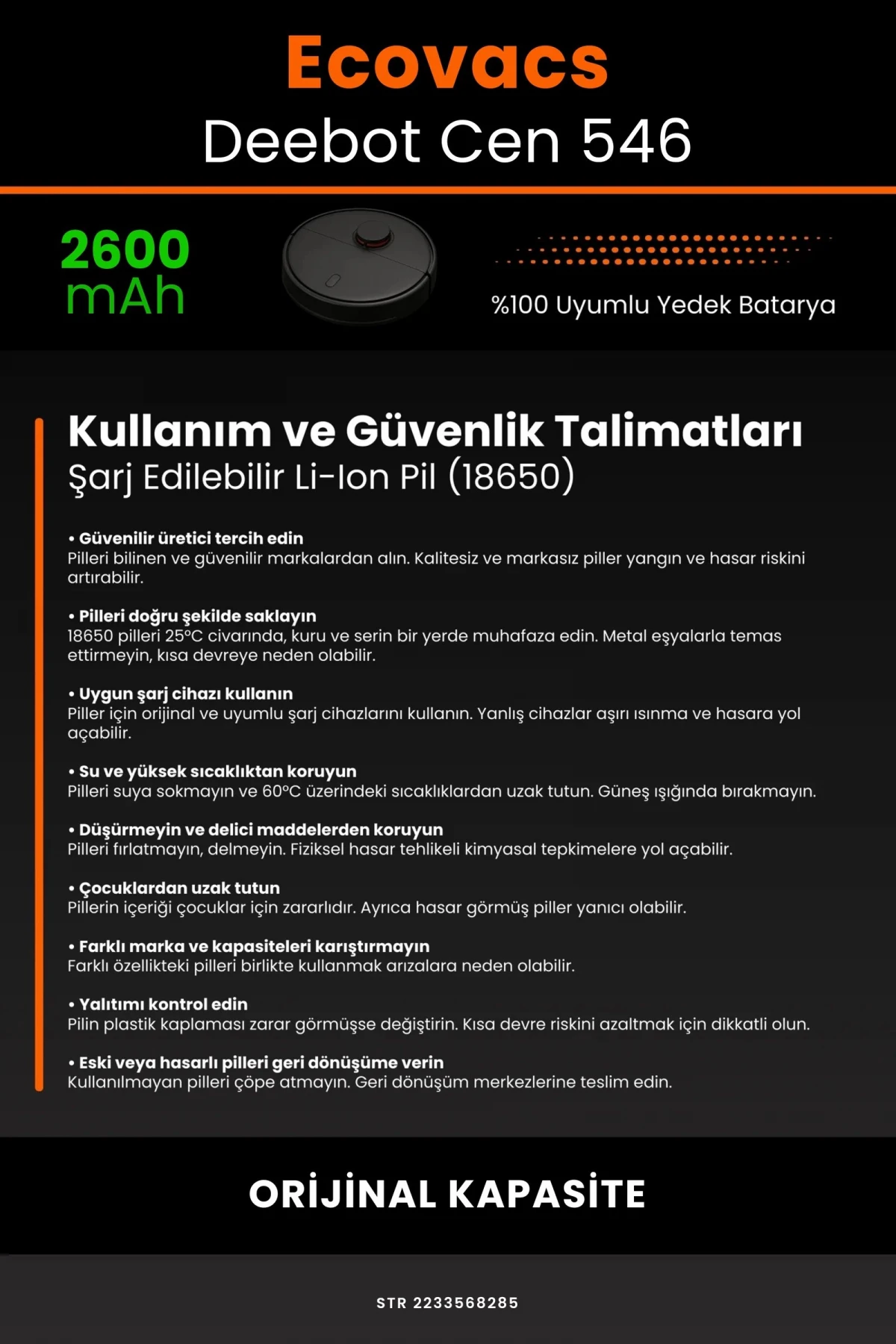 Ecovacs Deebot Cen 546 2600mAh Robot Süpürge Bataryası - Gerçek Kapasite, Maksimum Güvenlik