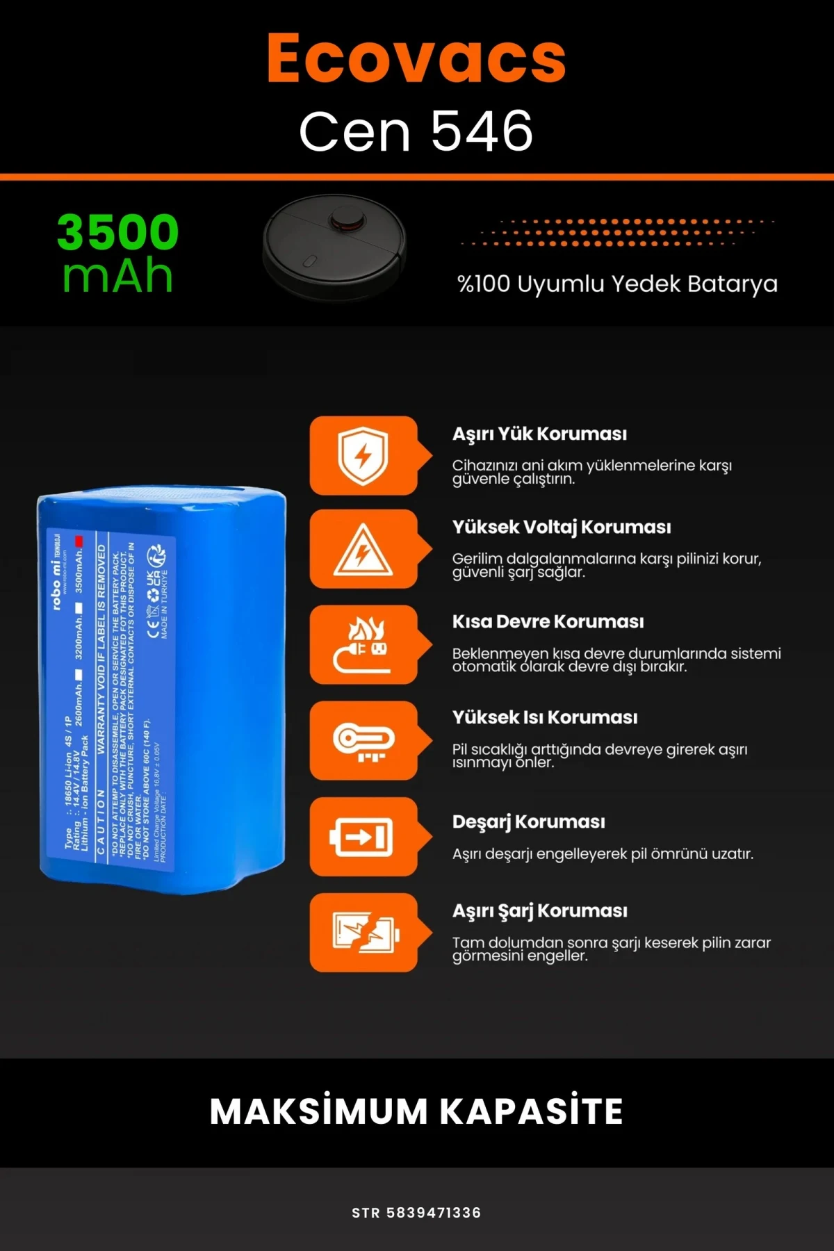 Ecovacs Deebot Cen 546 3500mAh Robot Süpürge Bataryası - Gerçek Kapasite, Maksimum Güvenlik