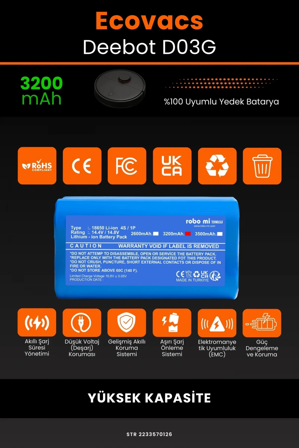 Ecovacs Deebot D03G 3200mAh Robot Süpürge Bataryası - Gerçek Kapasite, Maksimum Güvenlik