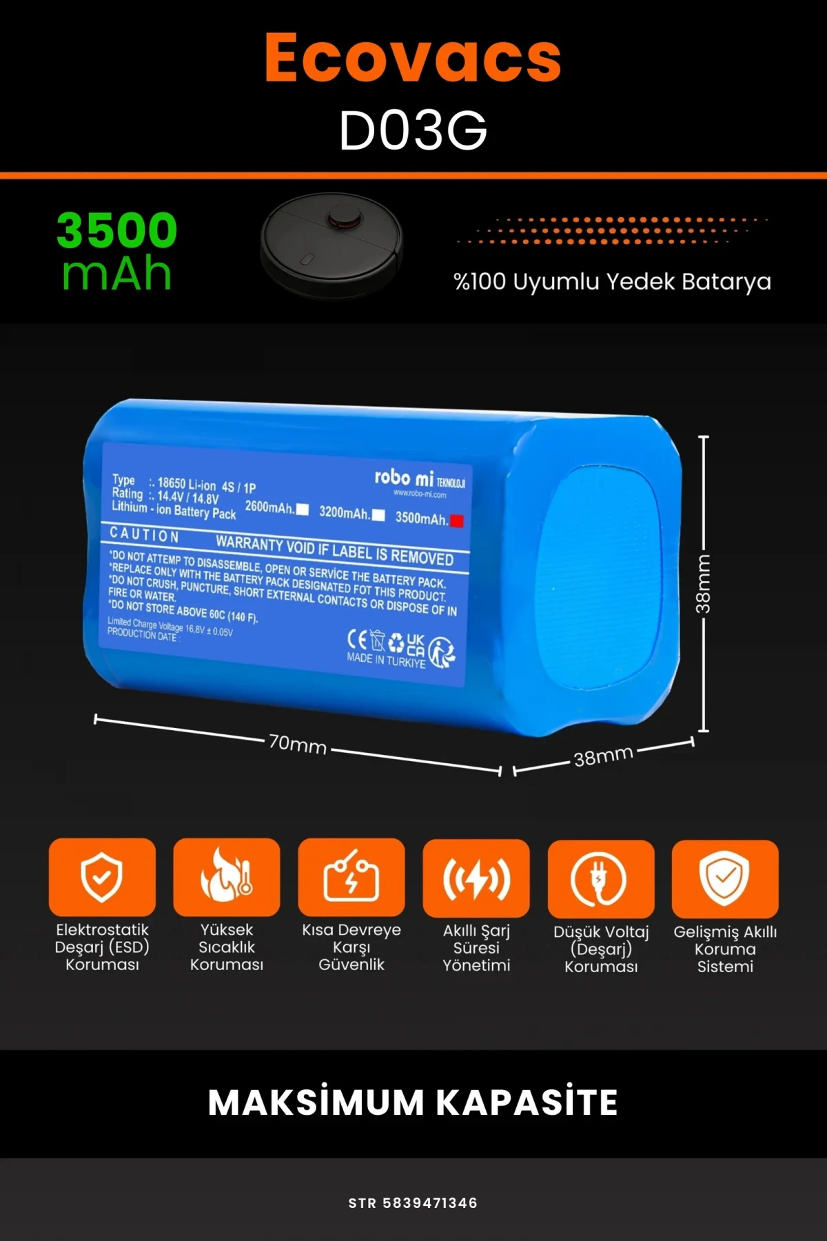 Ecovacs Deebot D03G 3500mAh Robot Süpürge Bataryası - Gerçek Kapasite, Maksimum Güvenlik