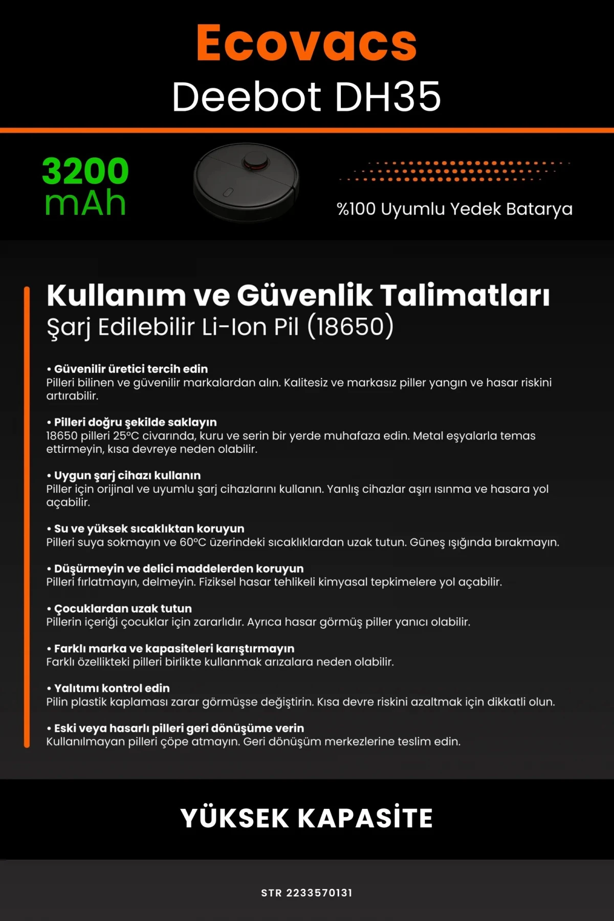 Ecovacs Deebot DH35 3200mAh Robot Süpürge Bataryası - Gerçek Kapasite, Maksimum Güvenlik