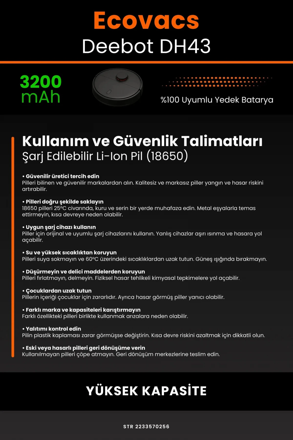 Ecovacs Deebot DH43 3200mAh Robot Süpürge Bataryası - Gerçek Kapasite, Maksimum Güvenlik