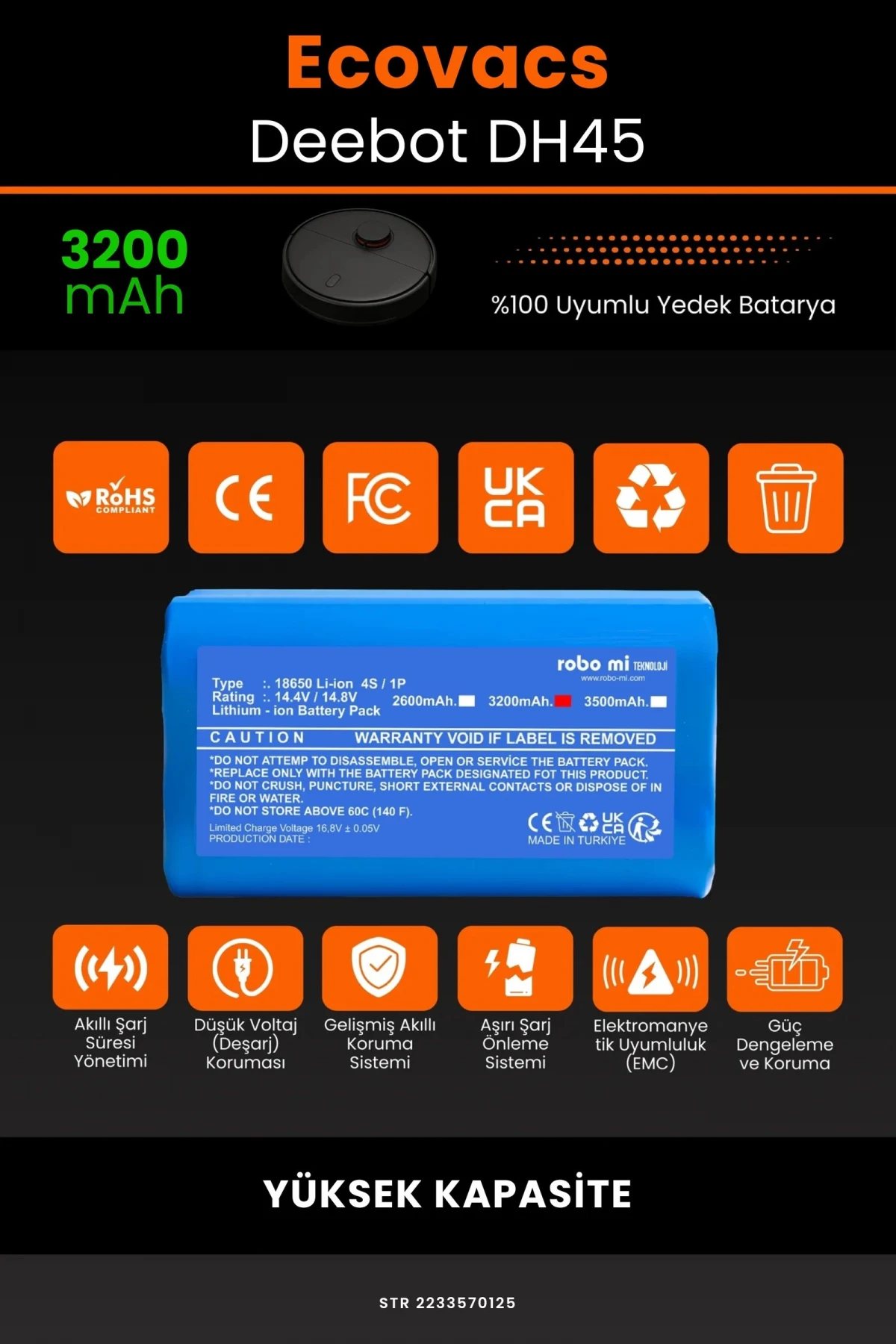 Ecovacs Deebot DH45 3200mAh Robot Süpürge Bataryası - Gerçek Kapasite, Maksimum Güvenlik