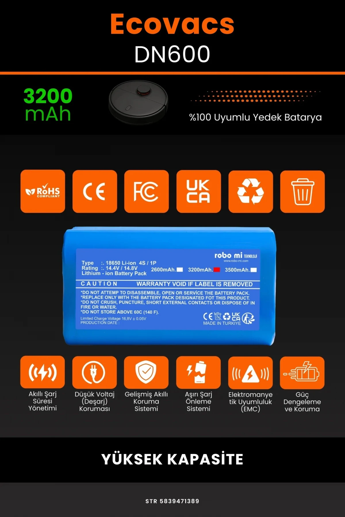 Ecovacs Deebot DN600 3200mAh Robot Süpürge Bataryası - Gerçek Kapasite, Maksimum Güvenlik