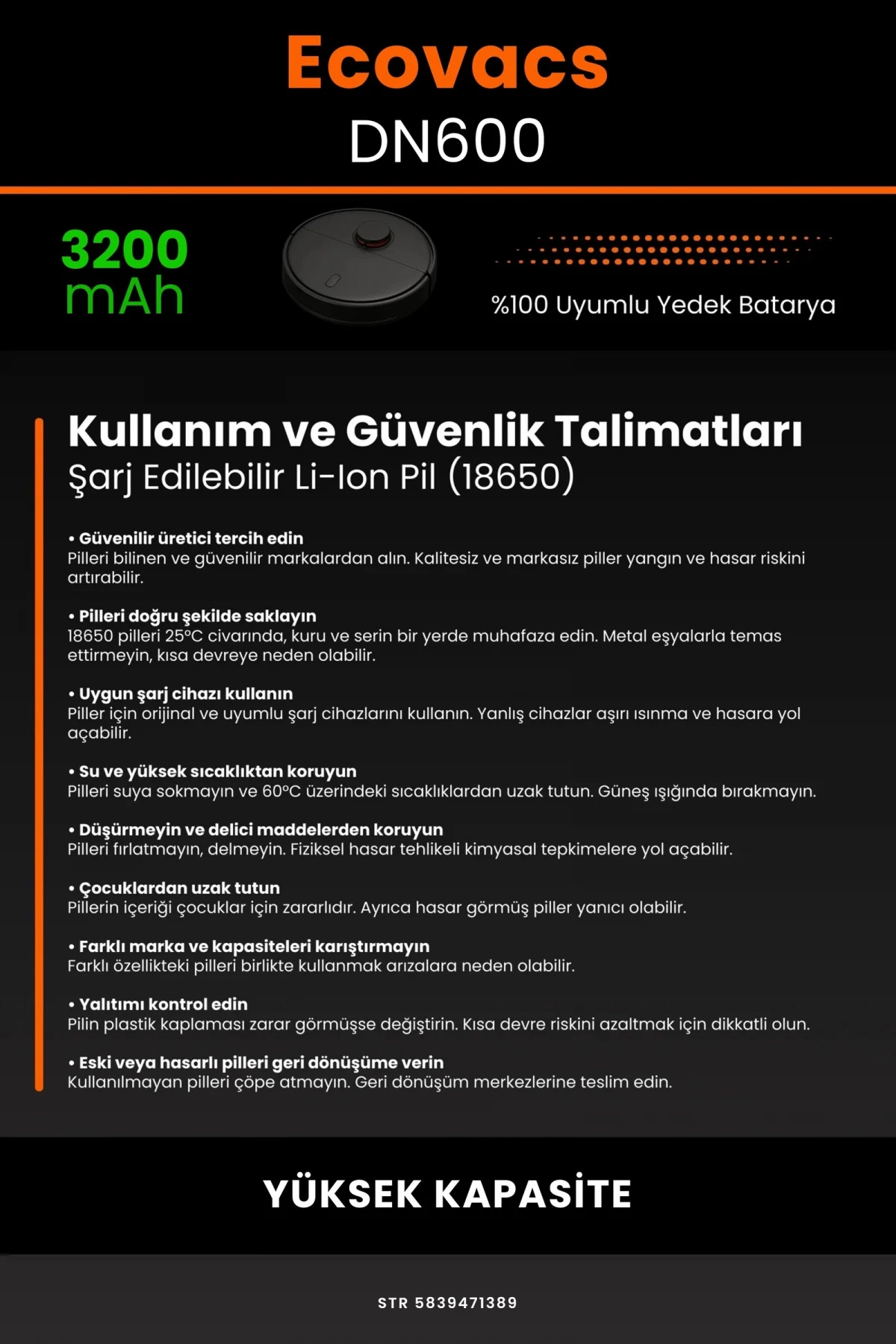 Ecovacs Deebot DN600 3200mAh Robot Süpürge Bataryası - Gerçek Kapasite, Maksimum Güvenlik