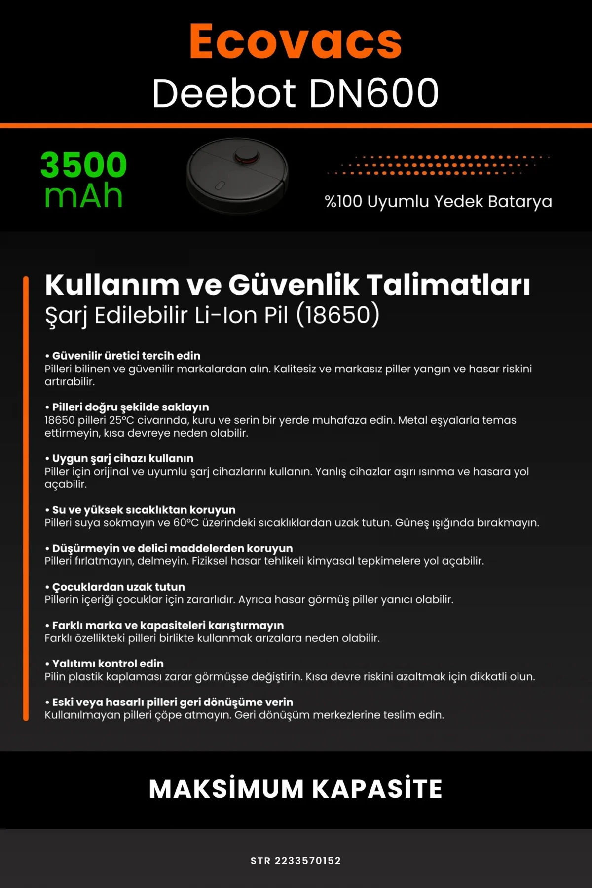 Ecovacs Deebot DN600 3500mAh Robot Süpürge Bataryası - Gerçek Kapasite, Maksimum Güvenlik