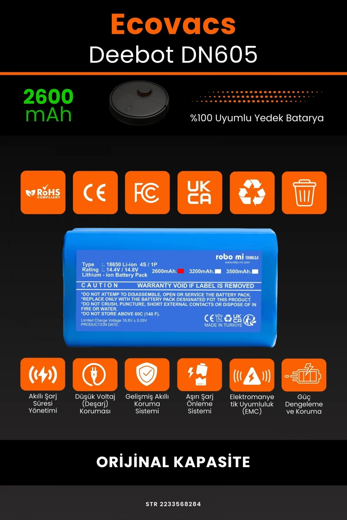 Ecovacs Deebot DN605 2600mAh Robot Süpürge Bataryası - Gerçek Kapasite, Maksimum Güvenlik