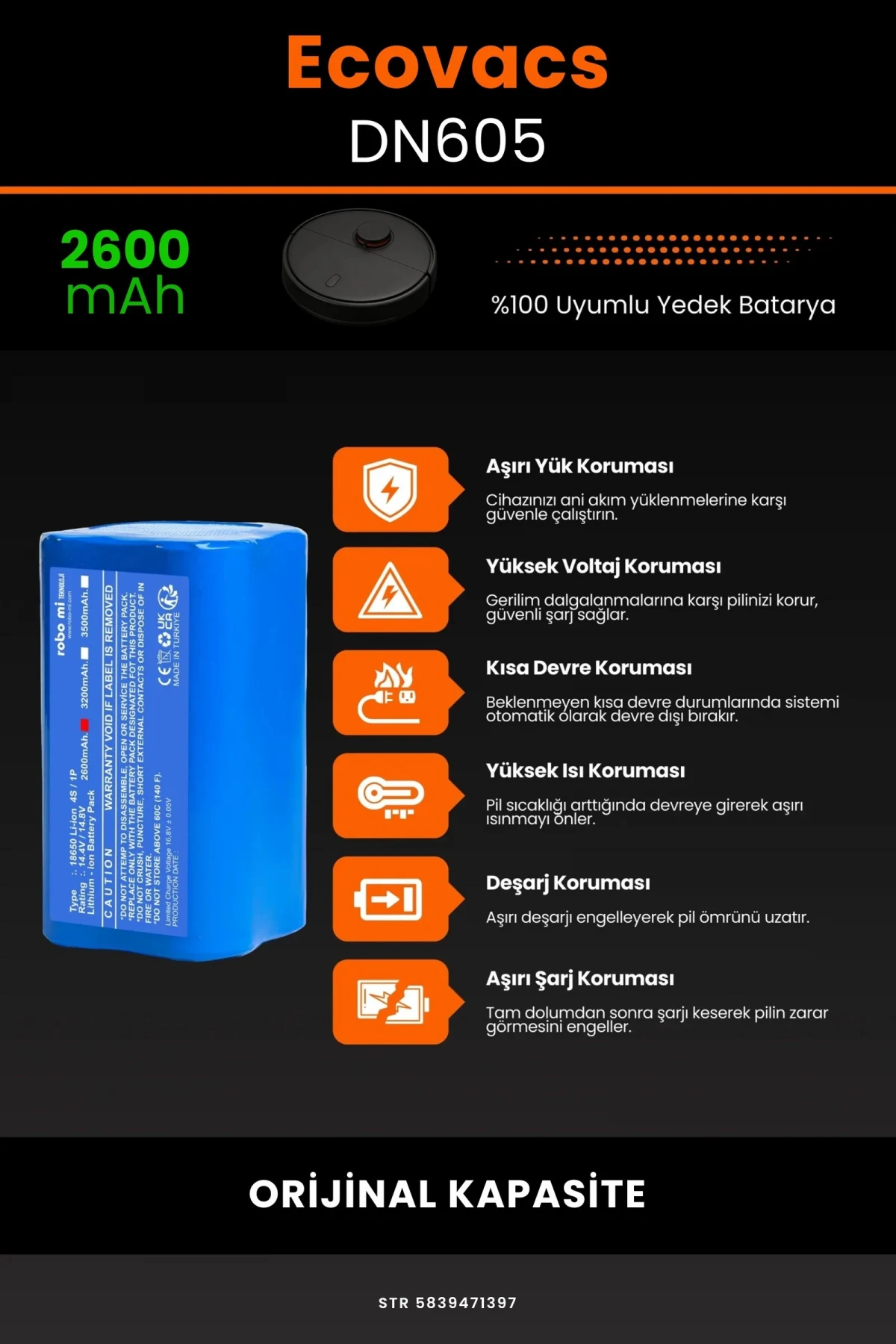 Ecovacs Deebot DN605 2600mAh Robot Süpürge Bataryası - Gerçek Kapasite, Maksimum Güvenlik