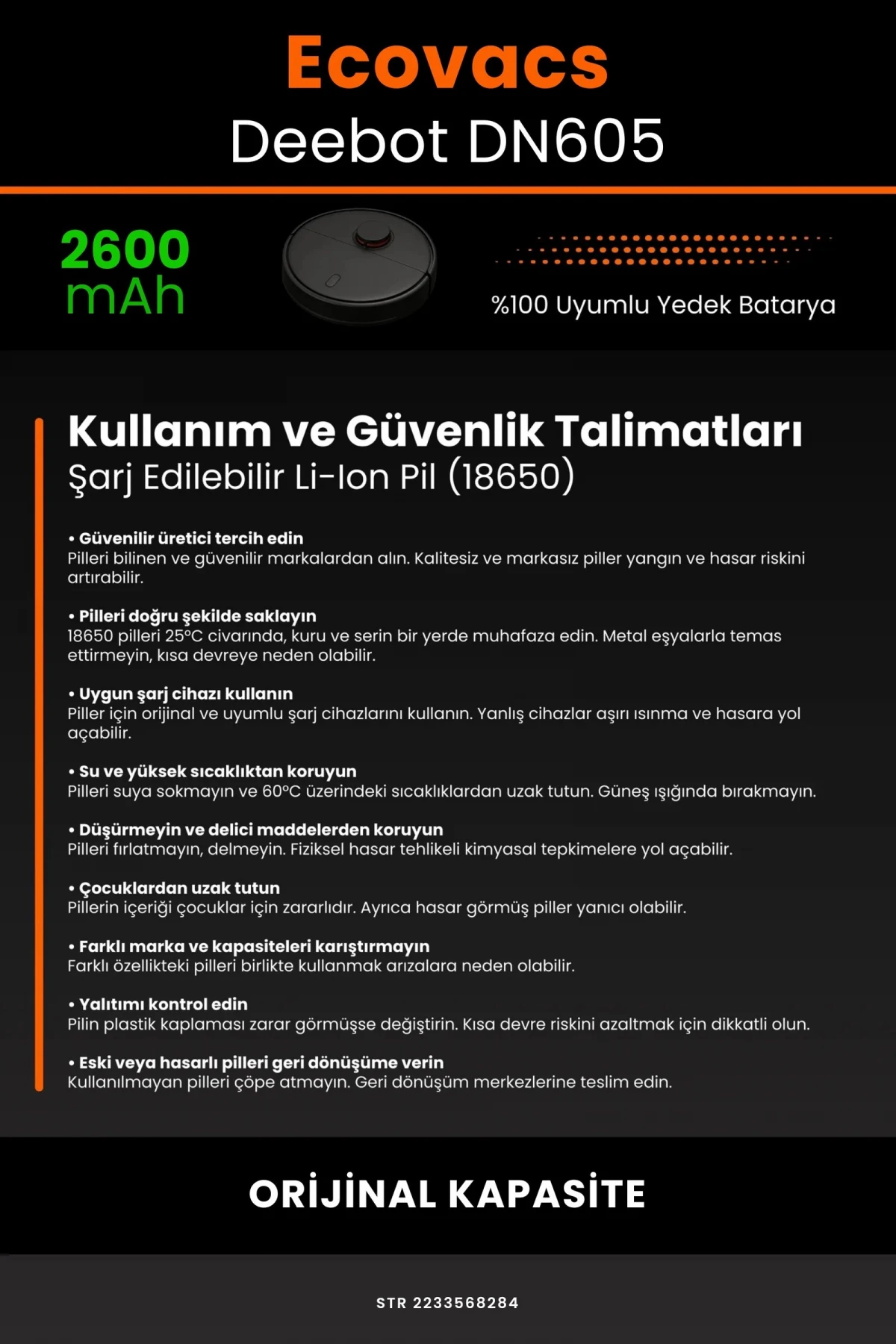 Ecovacs Deebot DN605 2600mAh Robot Süpürge Bataryası - Gerçek Kapasite, Maksimum Güvenlik