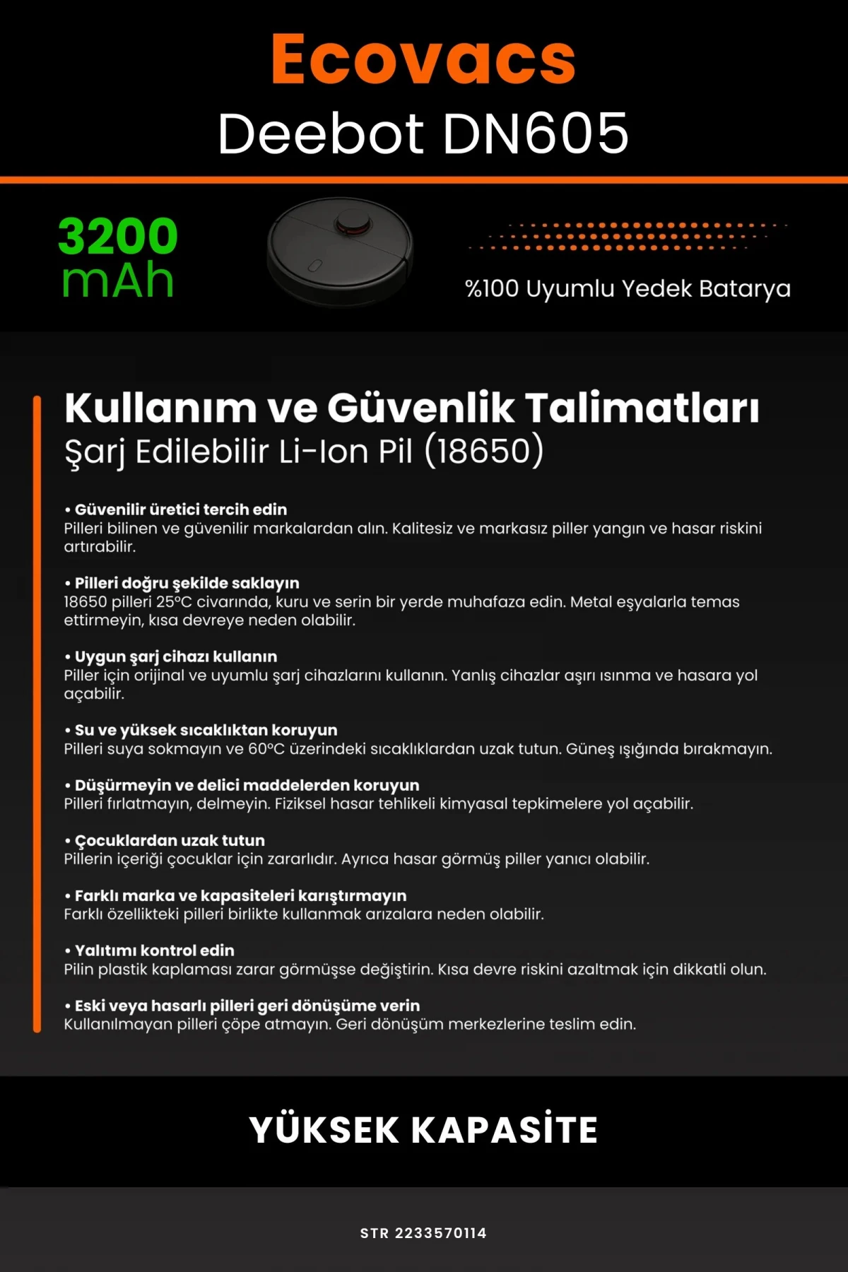 Ecovacs Deebot DN605 3200mAh Robot Süpürge Bataryası - Gerçek Kapasite, Maksimum Güvenlik