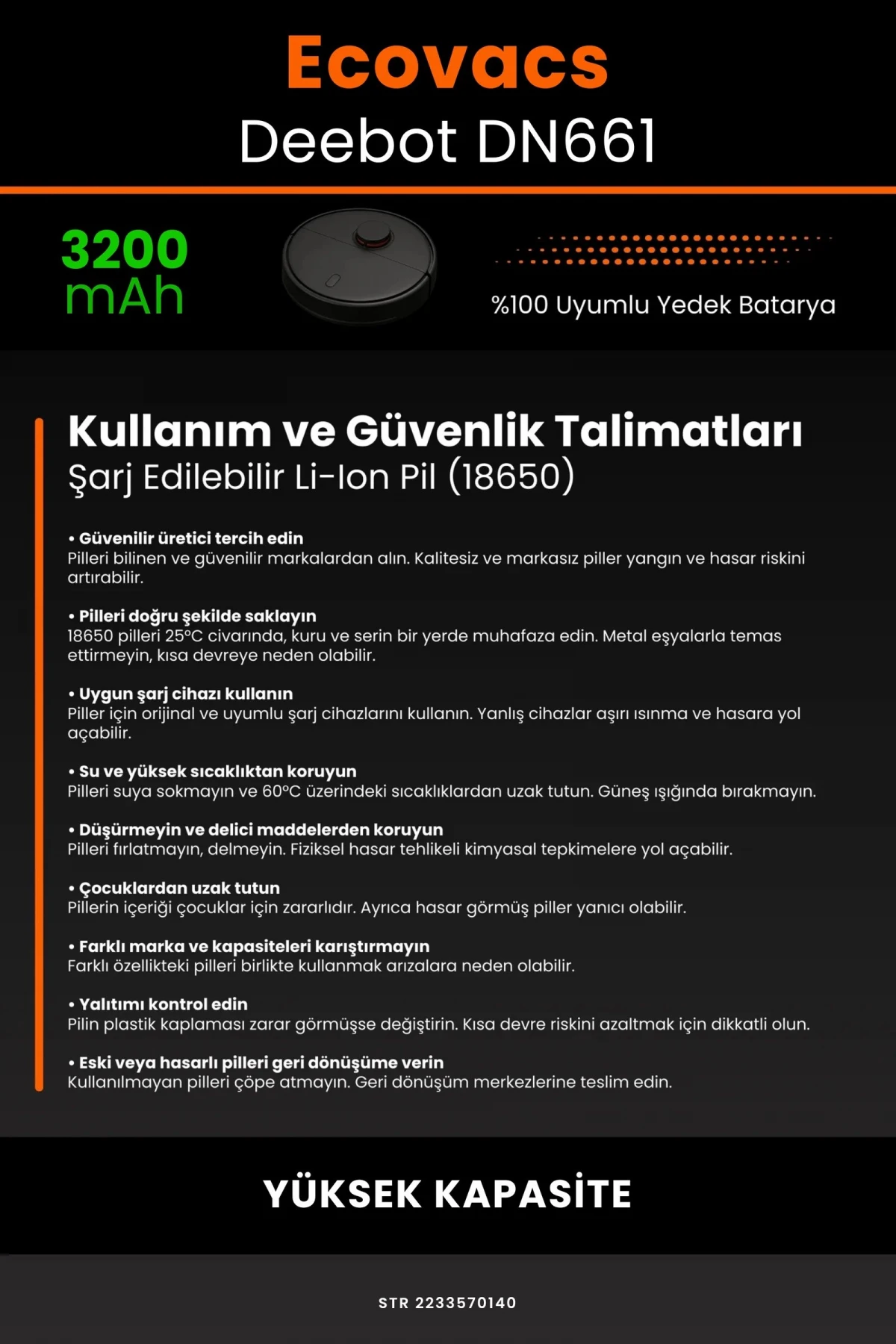 Ecovacs Deebot DN661 3200mAh Robot Süpürge Bataryası - Gerçek Kapasite, Maksimum Güvenlik