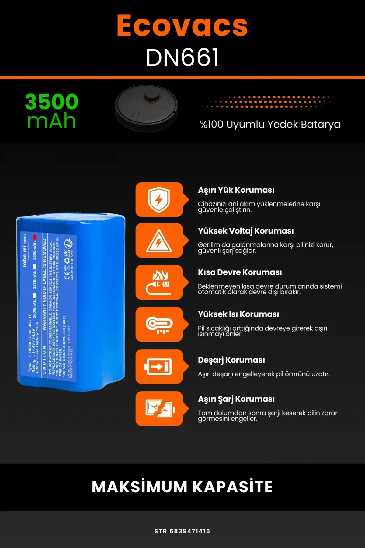Ecovacs Deebot DN661 3500mAh Robot Süpürge Bataryası - Gerçek Kapasite, Maksimum Güvenlik