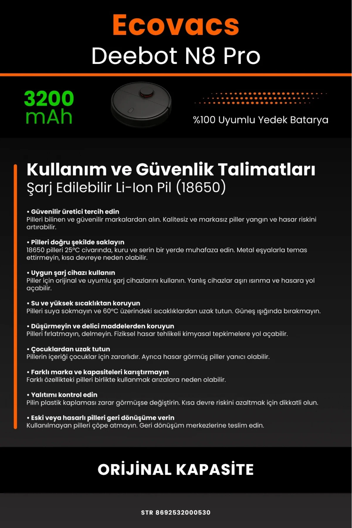 Ecovacs Deebot N8 Pro Uyumlu 3200 mAh Batarya - Orijinal Kapasite
