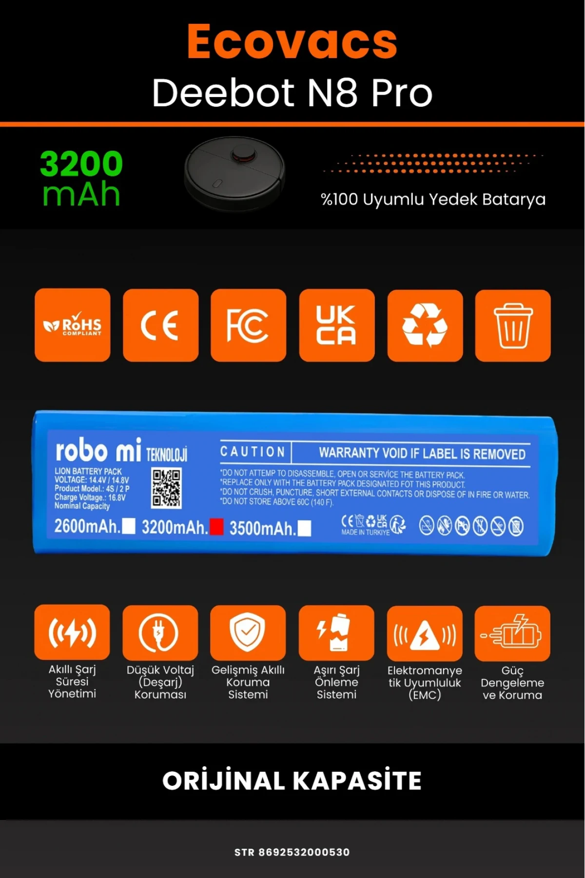 Ecovacs Deebot N8 Pro Uyumlu 3200 mAh Batarya - Orijinal Kapasite