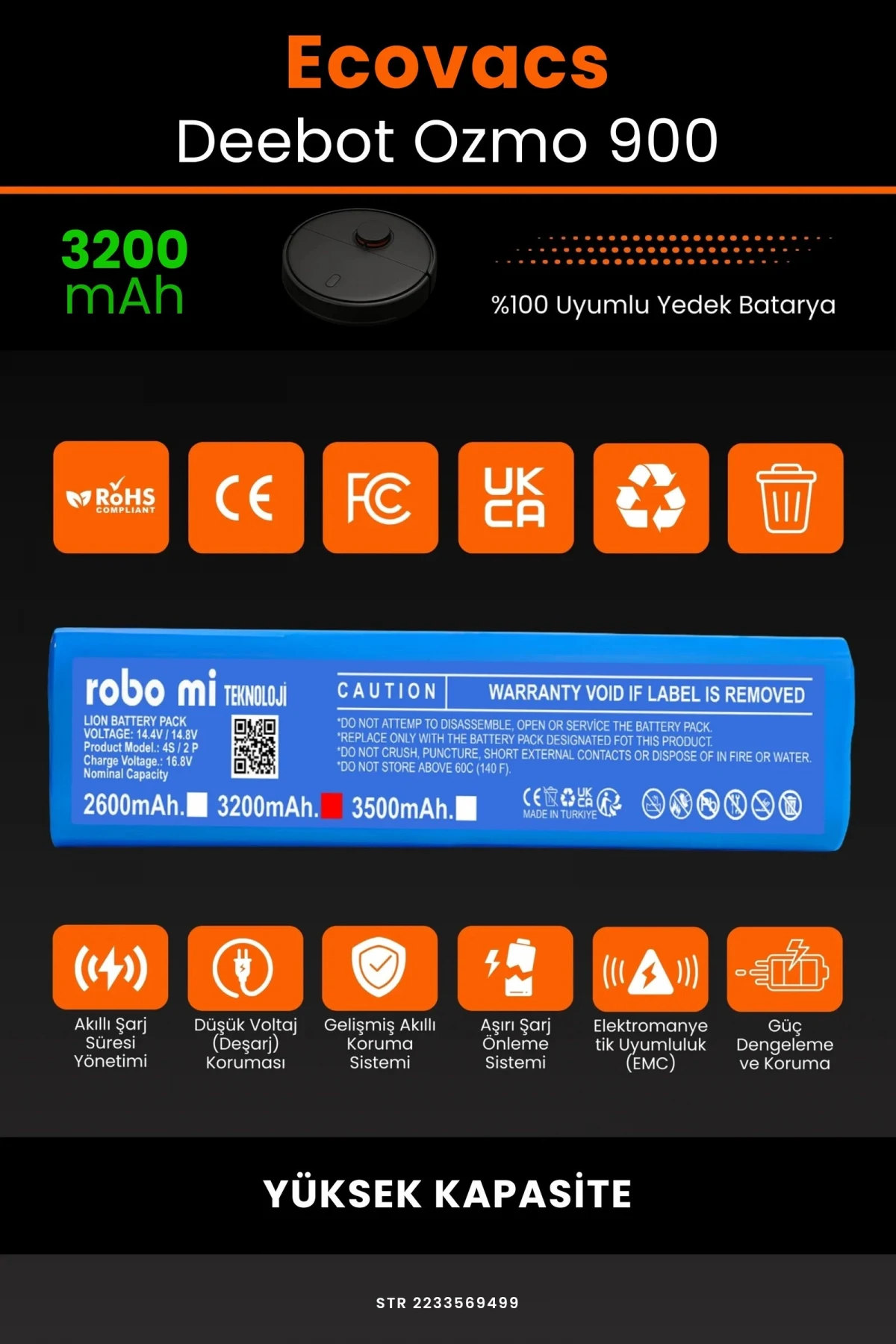 Ecovacs Deebot Ozmo 900 3200mAh Robot Süpürge Bataryası - Gerçek Kapasite, Maksimum Güvenlik