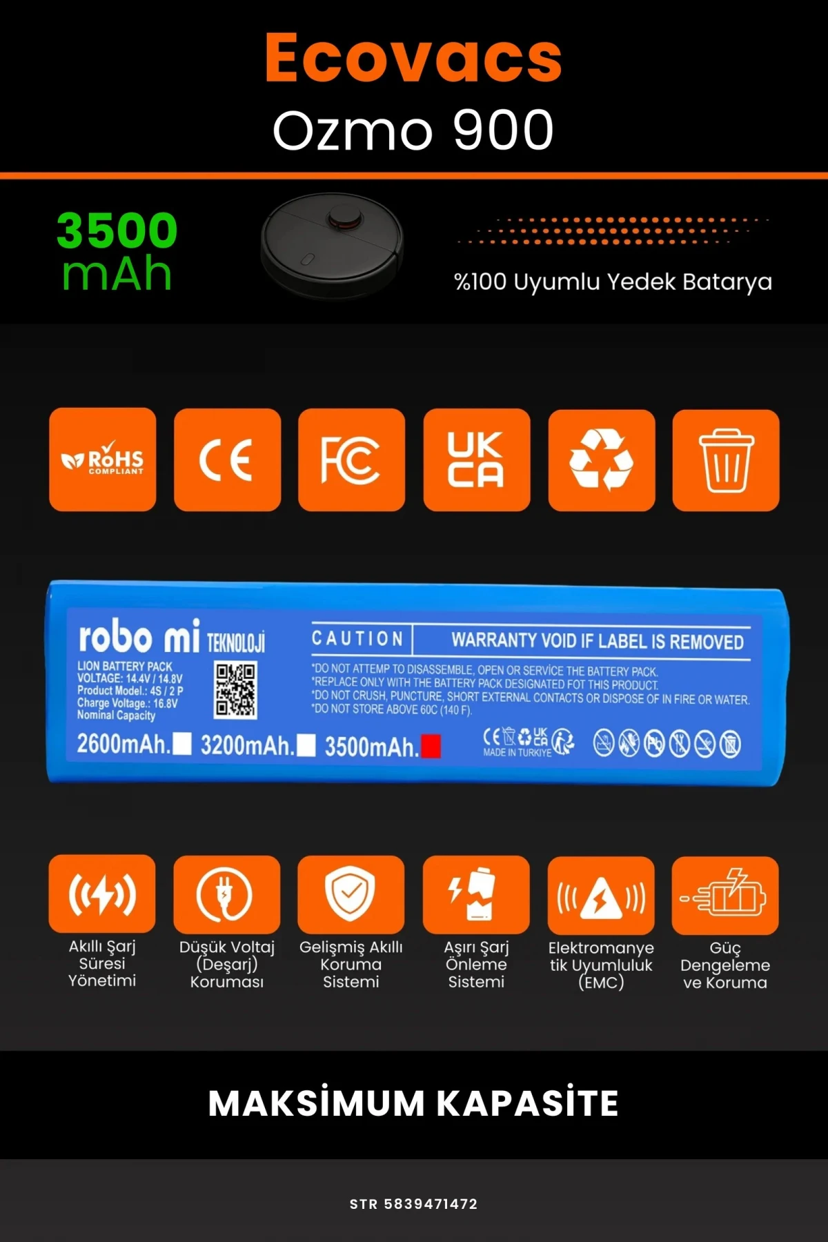 Ecovacs Deebot Ozmo 900 3500mAh Robot Süpürge Bataryası - Gerçek Kapasite, Maksimum Güvenlik