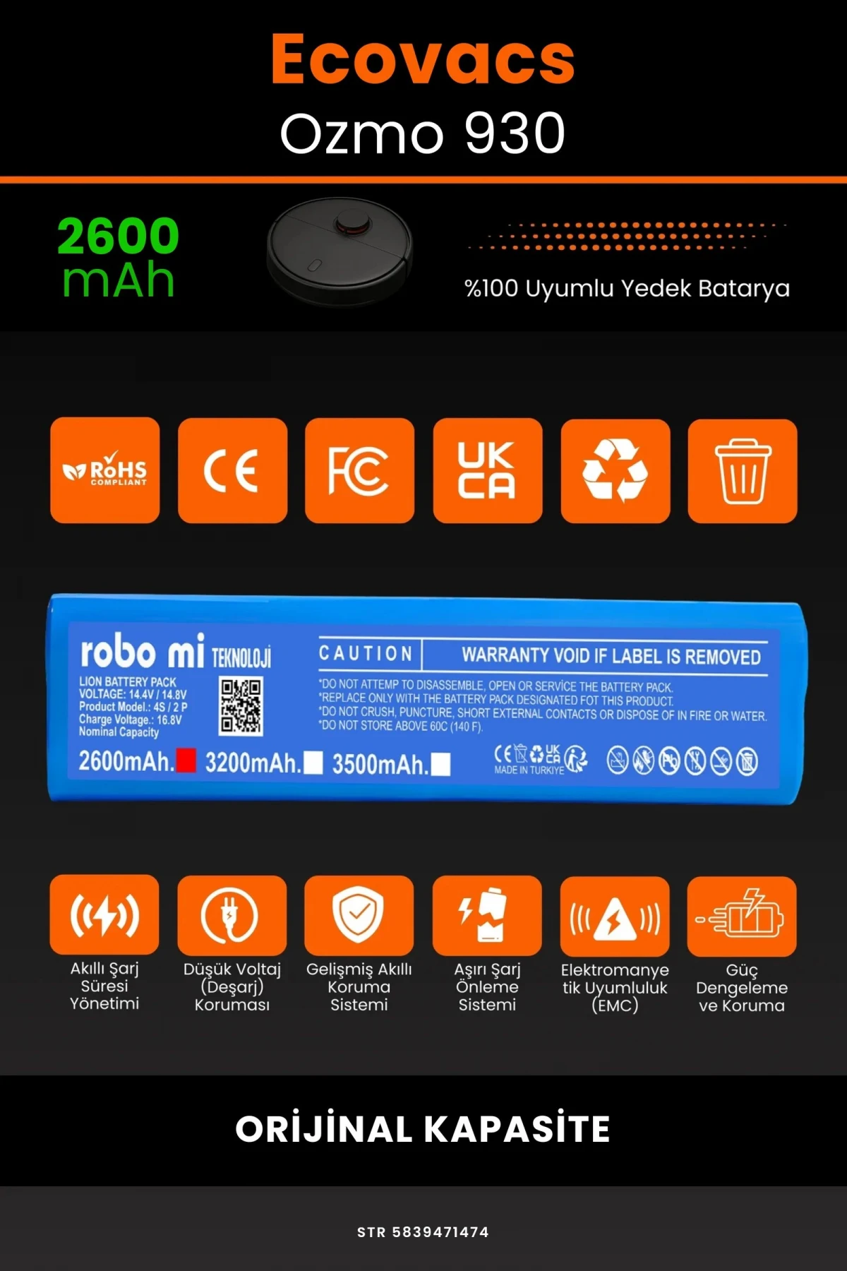 Ecovacs Deebot Ozmo 930 2600mAh Robot Süpürge Bataryası - Gerçek Kapasite, Maksimum Güvenlik