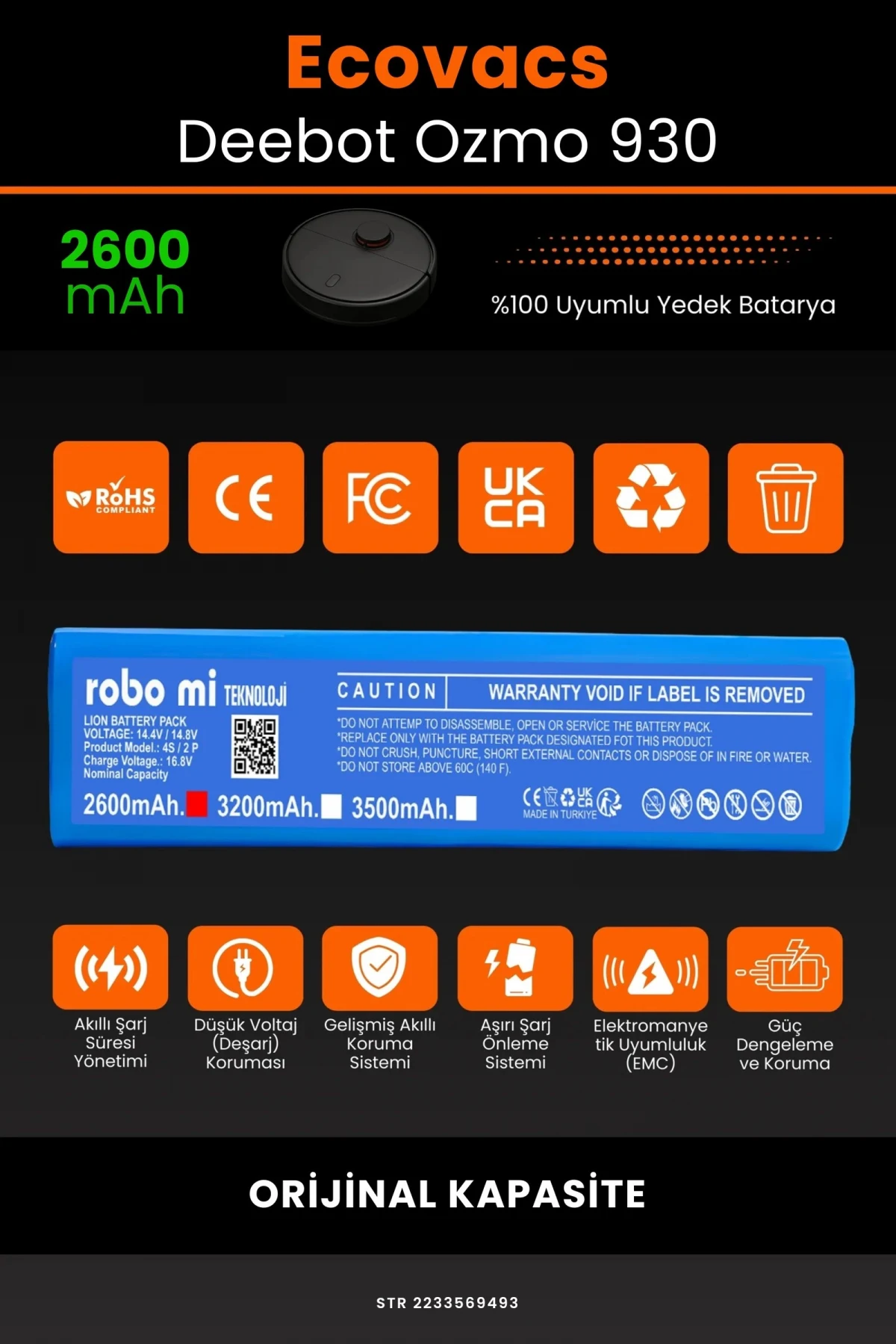 Ecovacs Deebot Ozmo 930 2600mAh Robot Süpürge Bataryası - Gerçek Kapasite, Maksimum Güvenlik