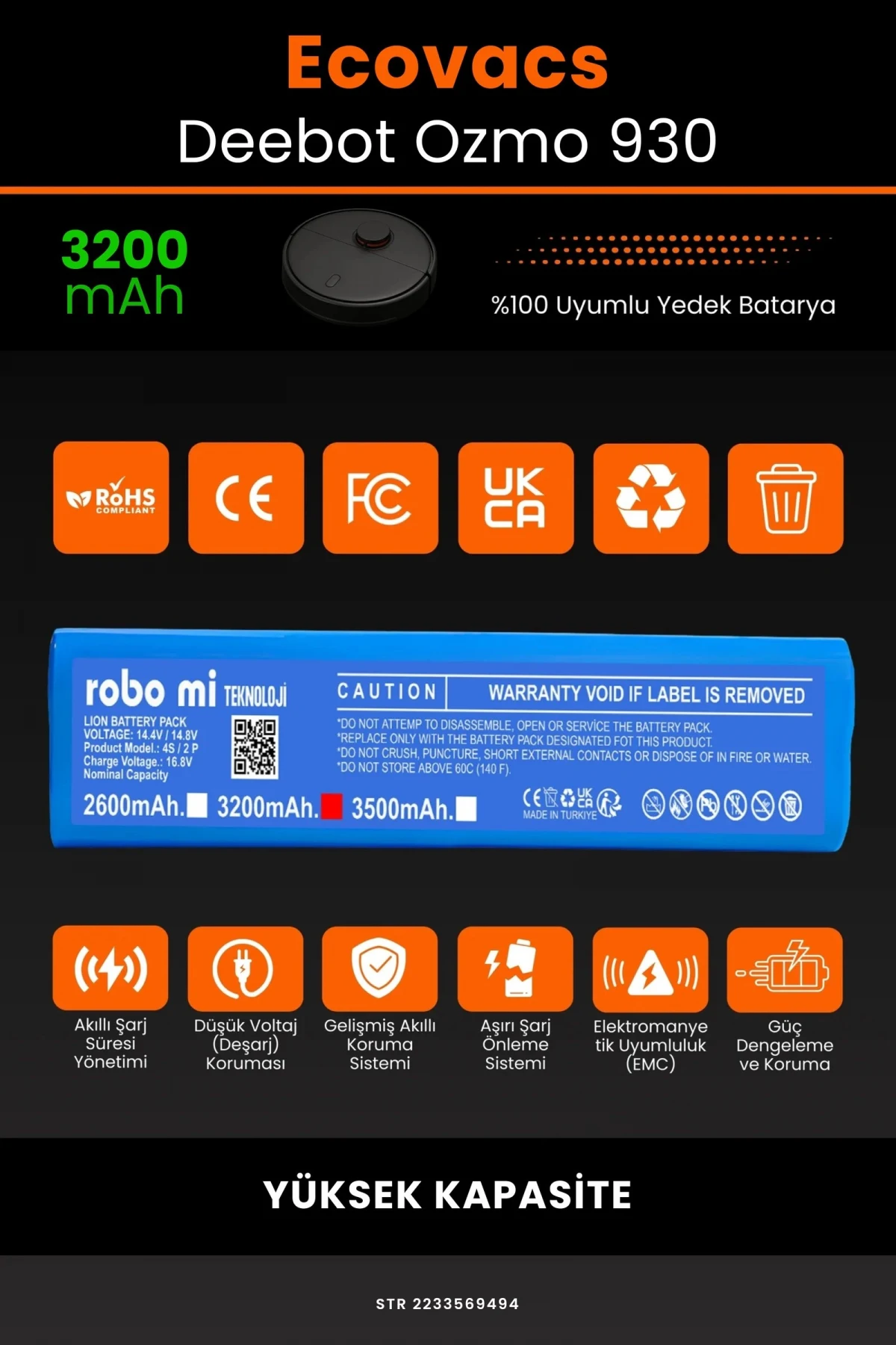 Ecovacs Deebot Ozmo 930 3200mAh Robot Süpürge Bataryası - Gerçek Kapasite, Maksimum Güvenlik