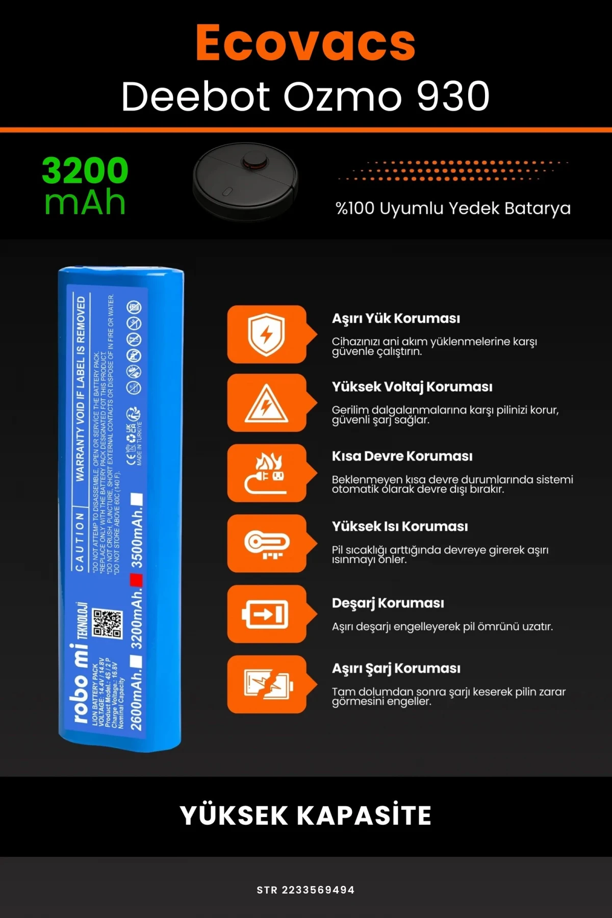 Ecovacs Deebot Ozmo 930 3200mAh Robot Süpürge Bataryası - Gerçek Kapasite, Maksimum Güvenlik