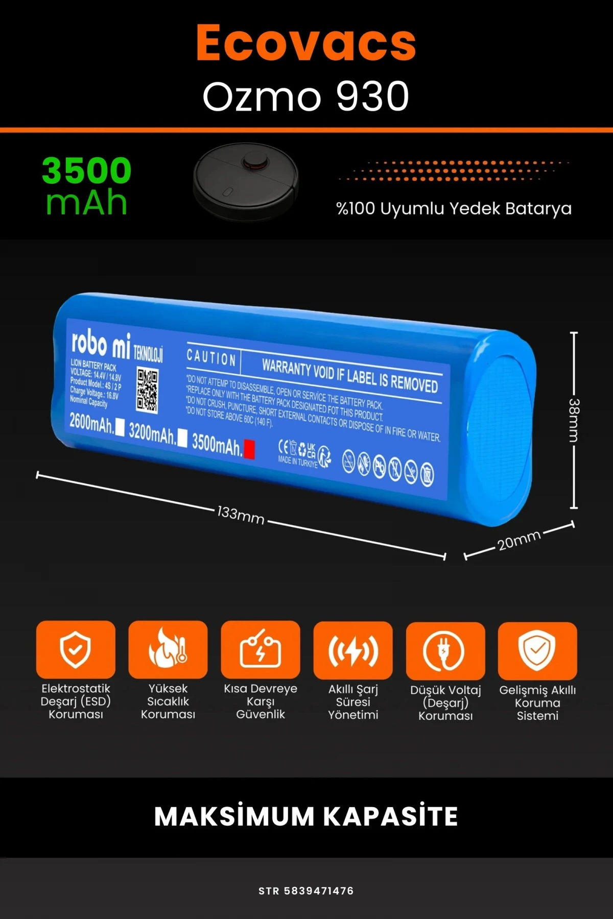 Ecovacs Deebot Ozmo 930 3500mAh Robot Süpürge Bataryası - Gerçek Kapasite, Maksimum Güvenlik