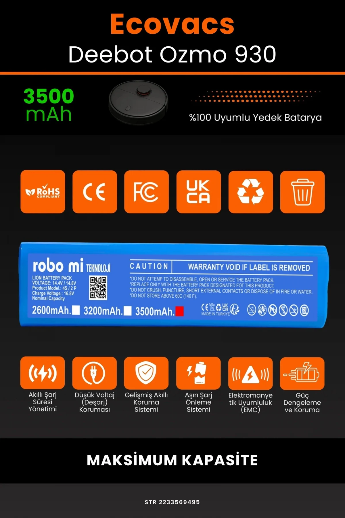 Ecovacs Deebot Ozmo 930 3500mAh Robot Süpürge Bataryası - Gerçek Kapasite, Maksimum Güvenlik