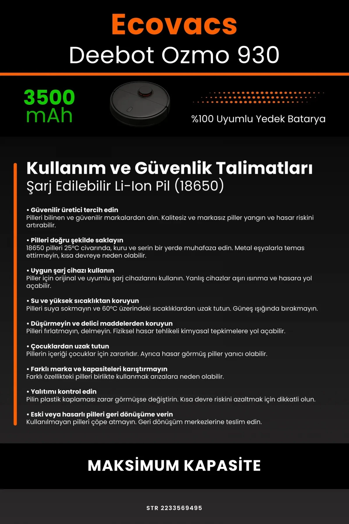 Ecovacs Deebot Ozmo 930 3500mAh Robot Süpürge Bataryası - Gerçek Kapasite, Maksimum Güvenlik