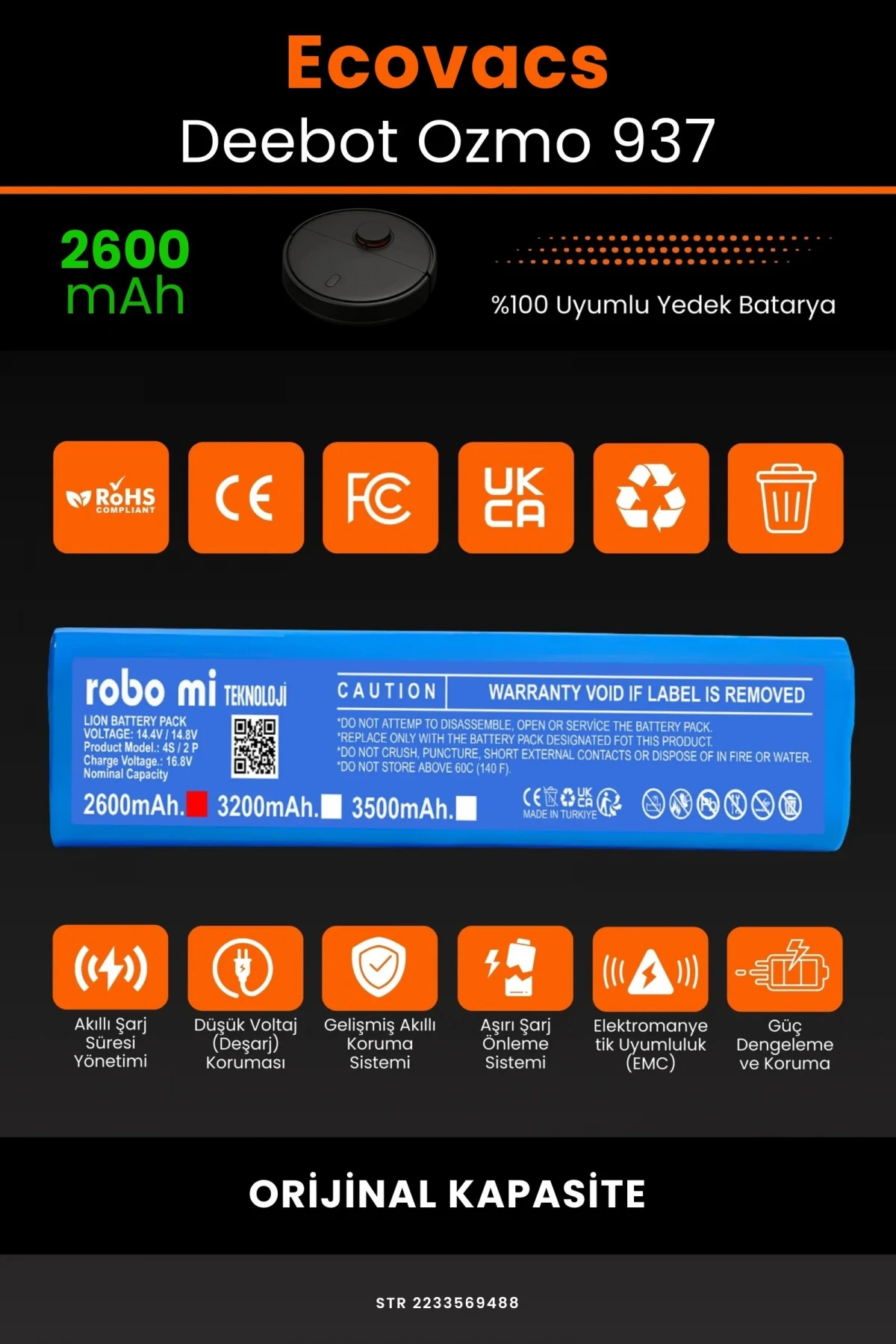 Ecovacs Deebot Ozmo 937 2600mAh Robot Süpürge Bataryası - Gerçek Kapasite, Maksimum Güvenlik