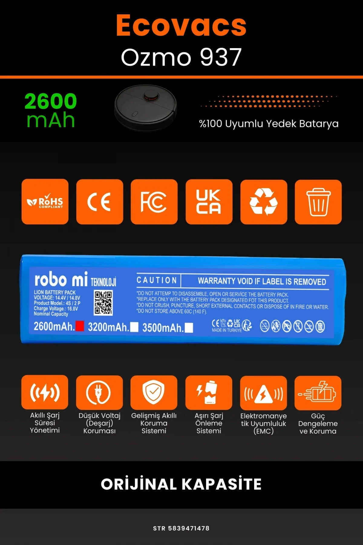 Ecovacs Deebot Ozmo 937 2600mAh Robot Süpürge Bataryası - Gerçek Kapasite, Maksimum Güvenlik