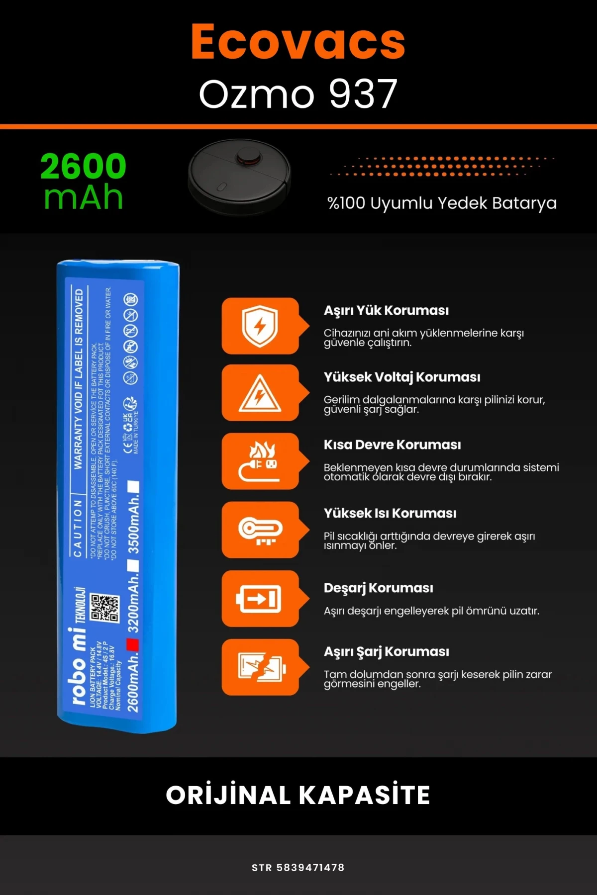 Ecovacs Deebot Ozmo 937 2600mAh Robot Süpürge Bataryası - Gerçek Kapasite, Maksimum Güvenlik