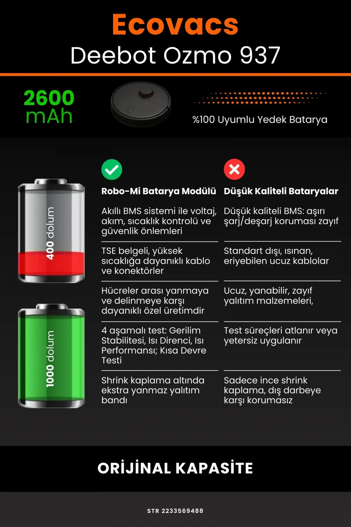 Ecovacs Deebot Ozmo 937 2600mAh Robot Süpürge Bataryası - Gerçek Kapasite, Maksimum Güvenlik