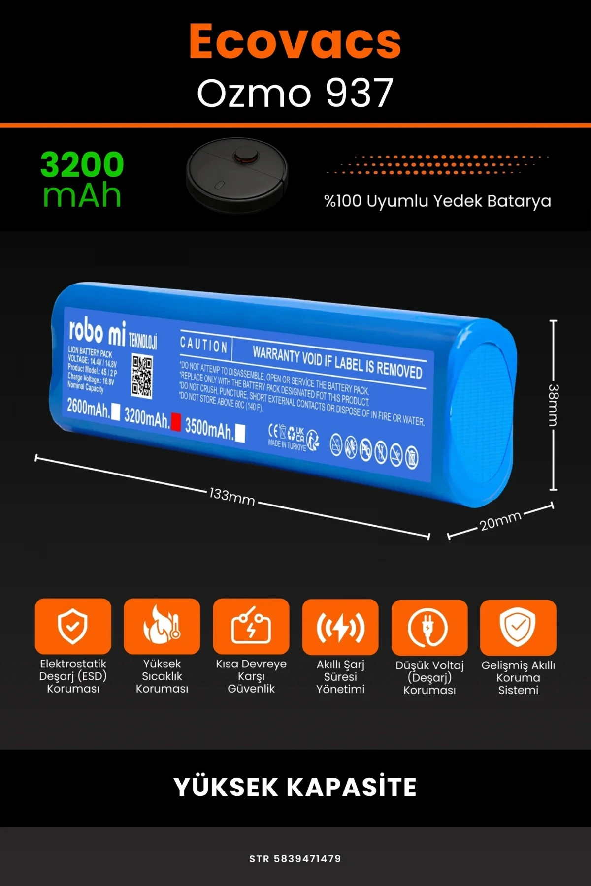 Ecovacs Deebot Ozmo 937 3200mAh Robot Süpürge Bataryası - Gerçek Kapasite, Maksimum Güvenlik