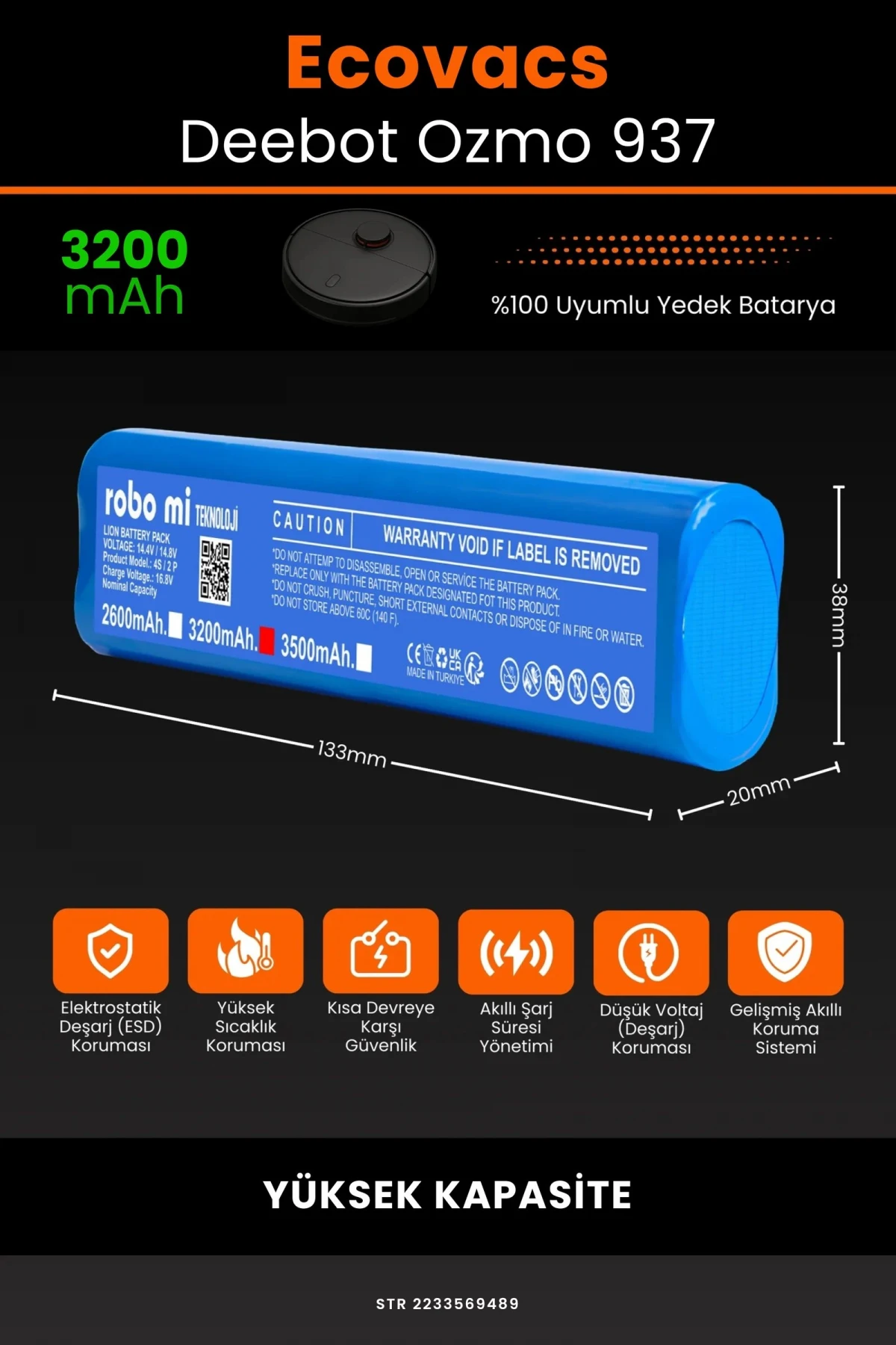 Ecovacs Deebot Ozmo 937 3200mAh Robot Süpürge Bataryası - Gerçek Kapasite, Maksimum Güvenlik