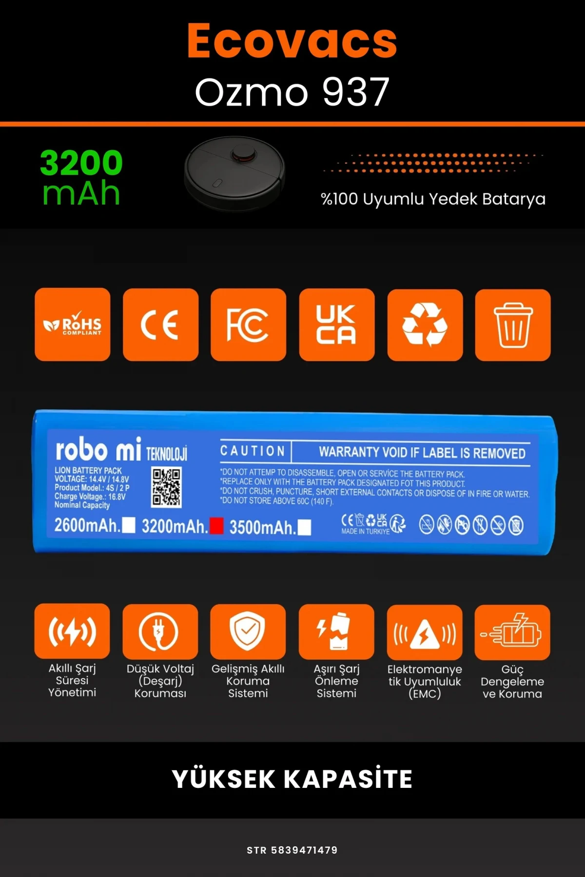 Ecovacs Deebot Ozmo 937 3200mAh Robot Süpürge Bataryası - Gerçek Kapasite, Maksimum Güvenlik