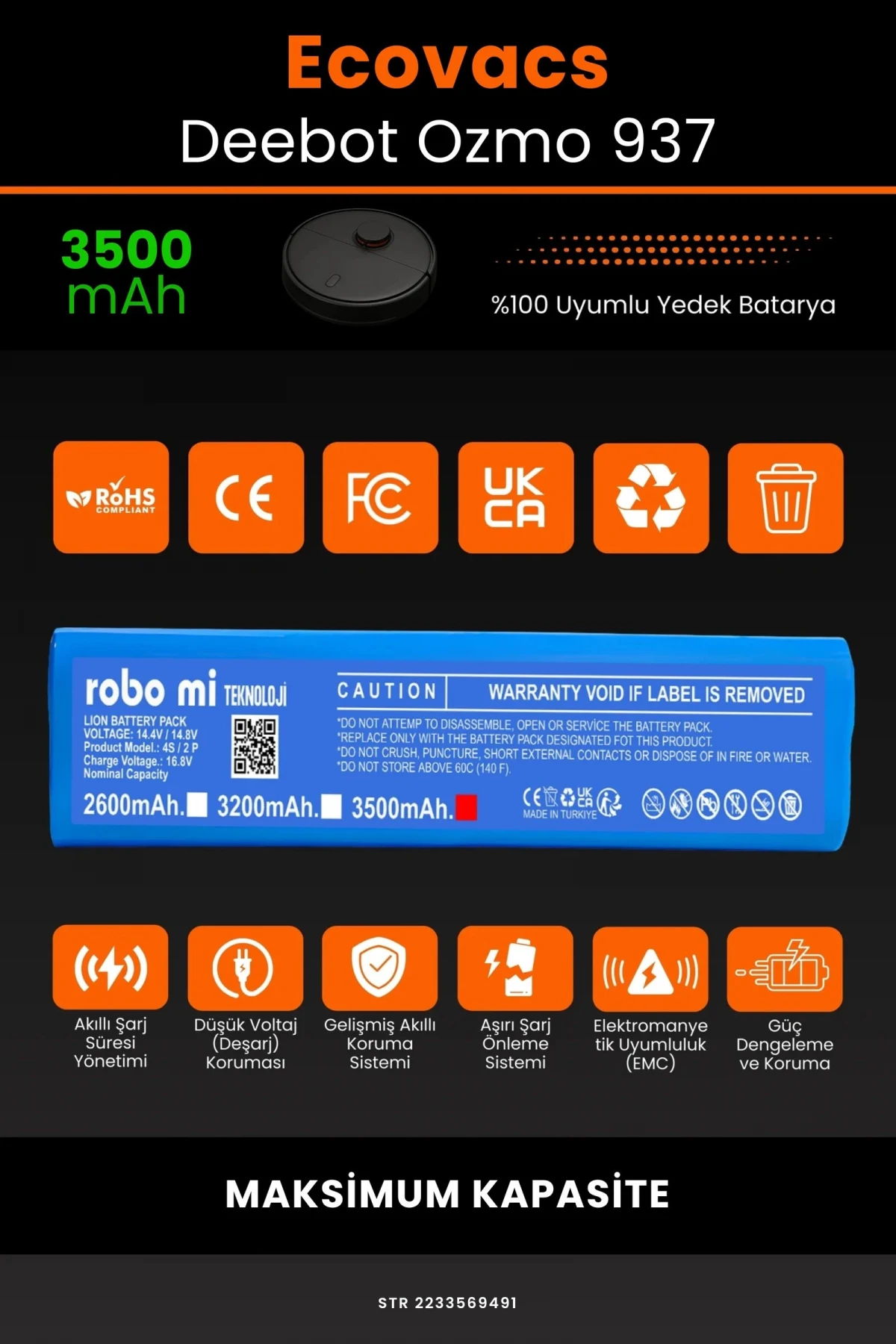 Ecovacs Deebot Ozmo 937 3500mAh Robot Süpürge Bataryası - Gerçek Kapasite, Maksimum Güvenlik