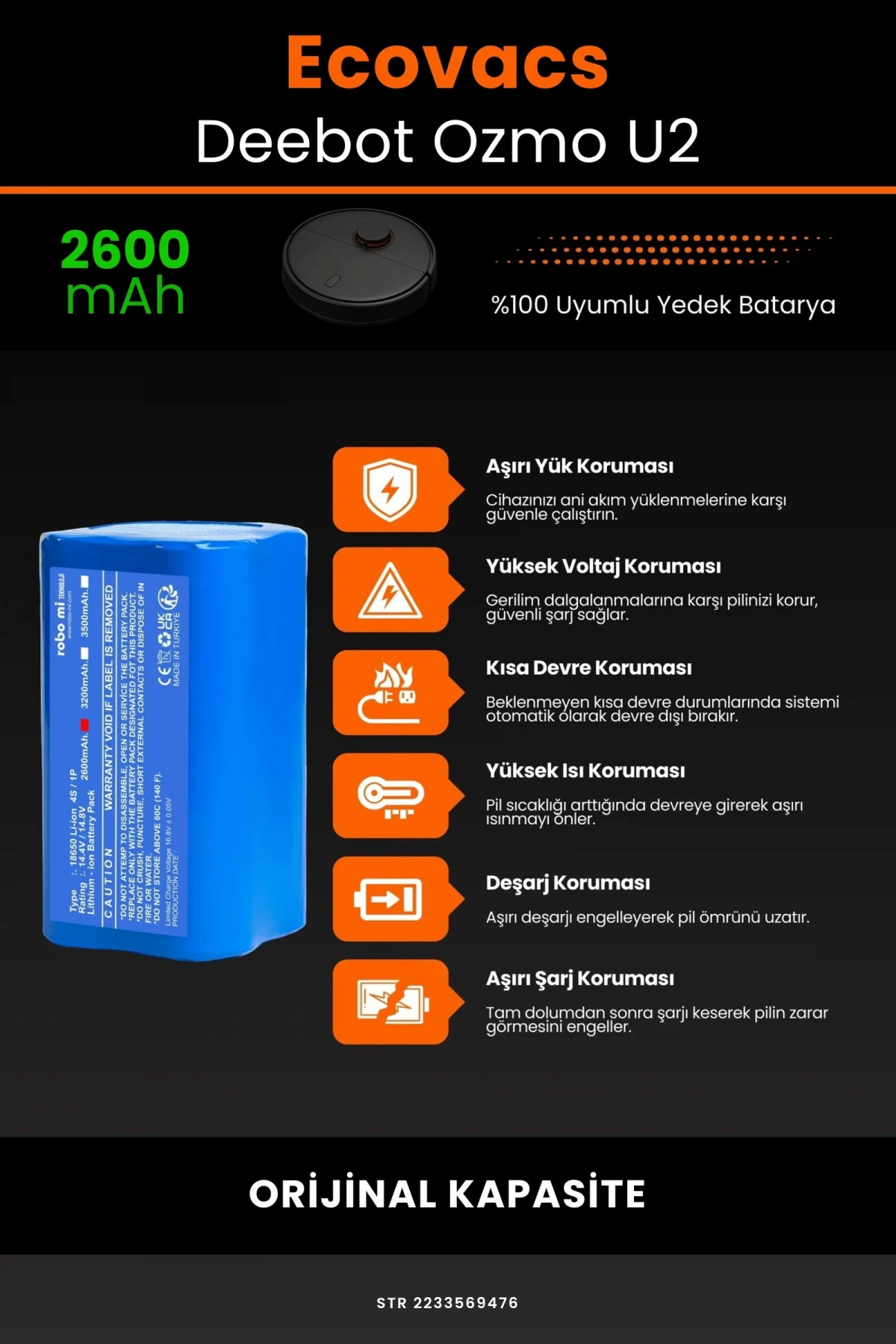 Ecovacs Deebot Ozmo U2 2600mAh Robot Süpürge Bataryası - Gerçek Kapasite, Maksimum Güvenlik