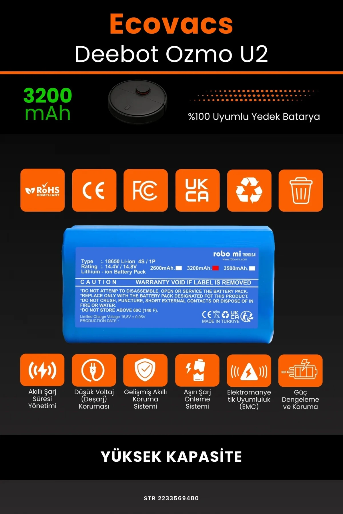 Ecovacs Deebot Ozmo U2 3200mAh Robot Süpürge Bataryası - Gerçek Kapasite, Maksimum Güvenlik