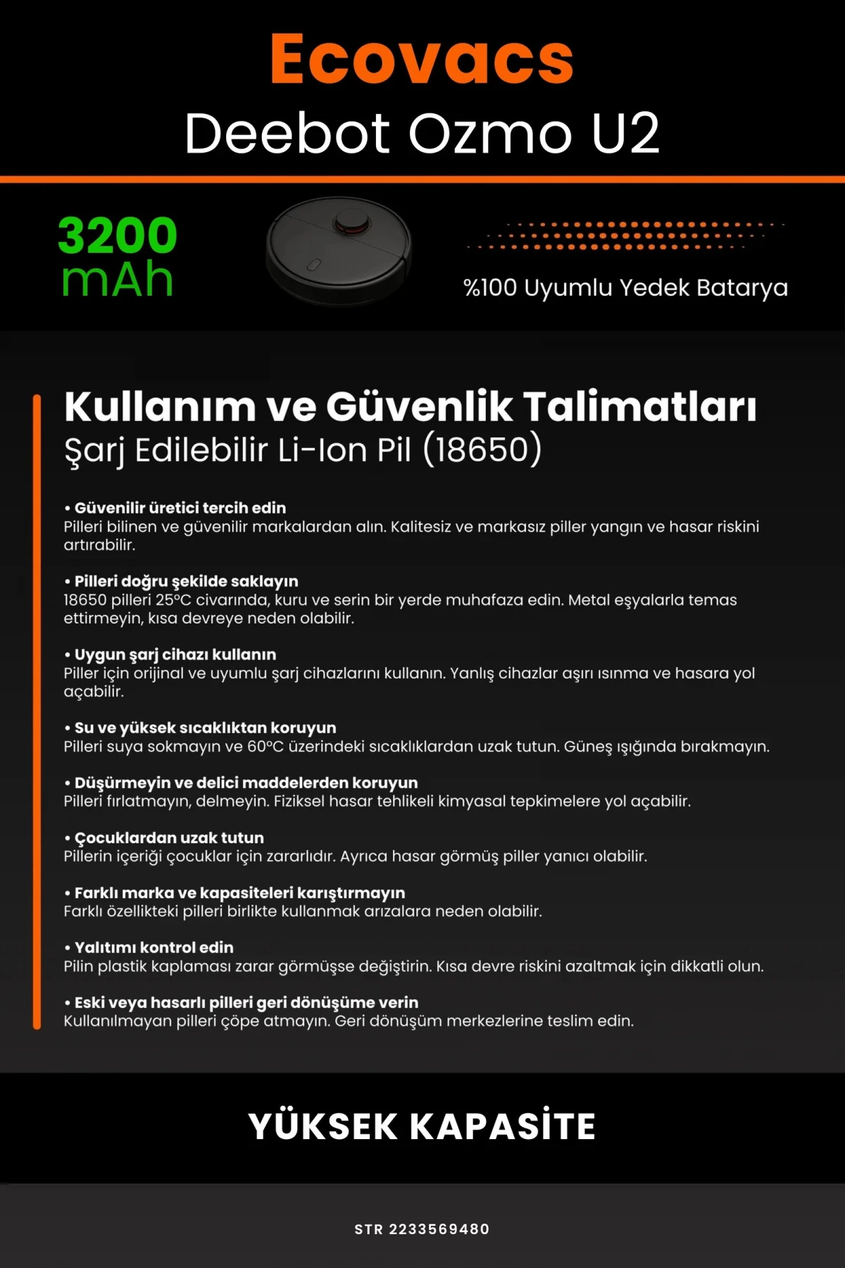 Ecovacs Deebot Ozmo U2 3200mAh Robot Süpürge Bataryası - Gerçek Kapasite, Maksimum Güvenlik