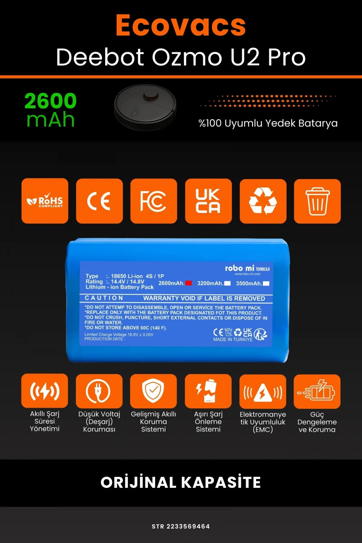 Ecovacs Deebot Ozmo U2 Pro 2600mAh Robot Süpürge Bataryası - Gerçek Kapasite, Maksimum Güvenlik