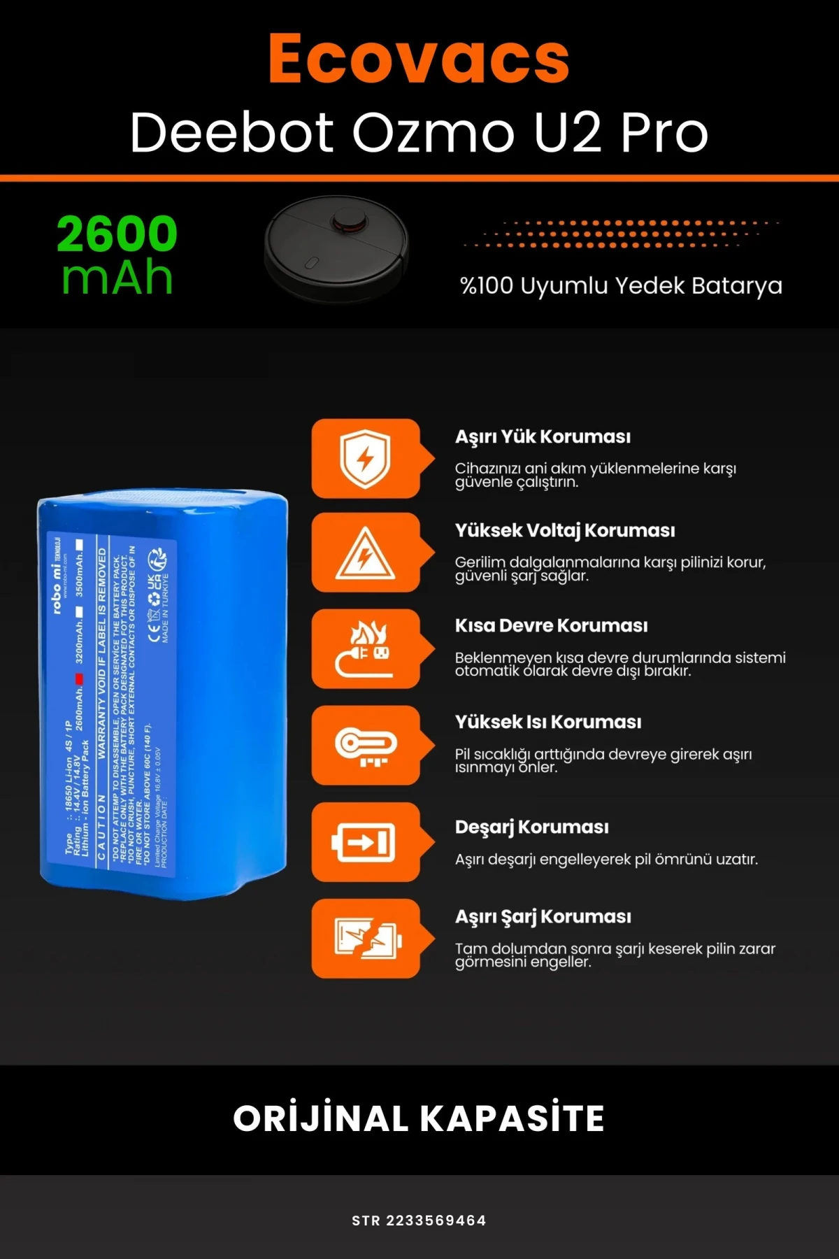 Ecovacs Deebot Ozmo U2 Pro 2600mAh Robot Süpürge Bataryası - Gerçek Kapasite, Maksimum Güvenlik