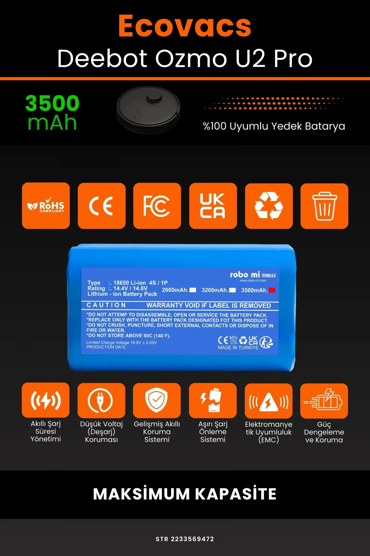 Ecovacs Deebot Ozmo U2 Pro 3500mAh Robot Süpürge Bataryası - Gerçek Kapasite, Maksimum Güvenlik