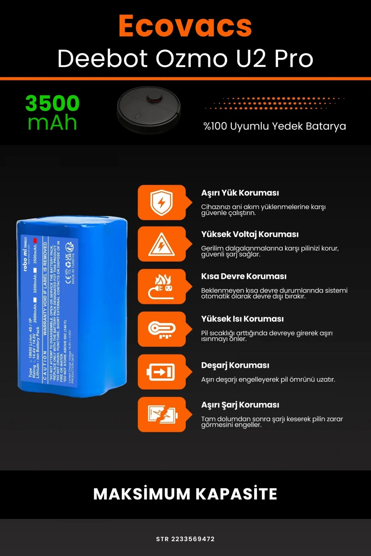 Ecovacs Deebot Ozmo U2 Pro 3500mAh Robot Süpürge Bataryası - Gerçek Kapasite, Maksimum Güvenlik