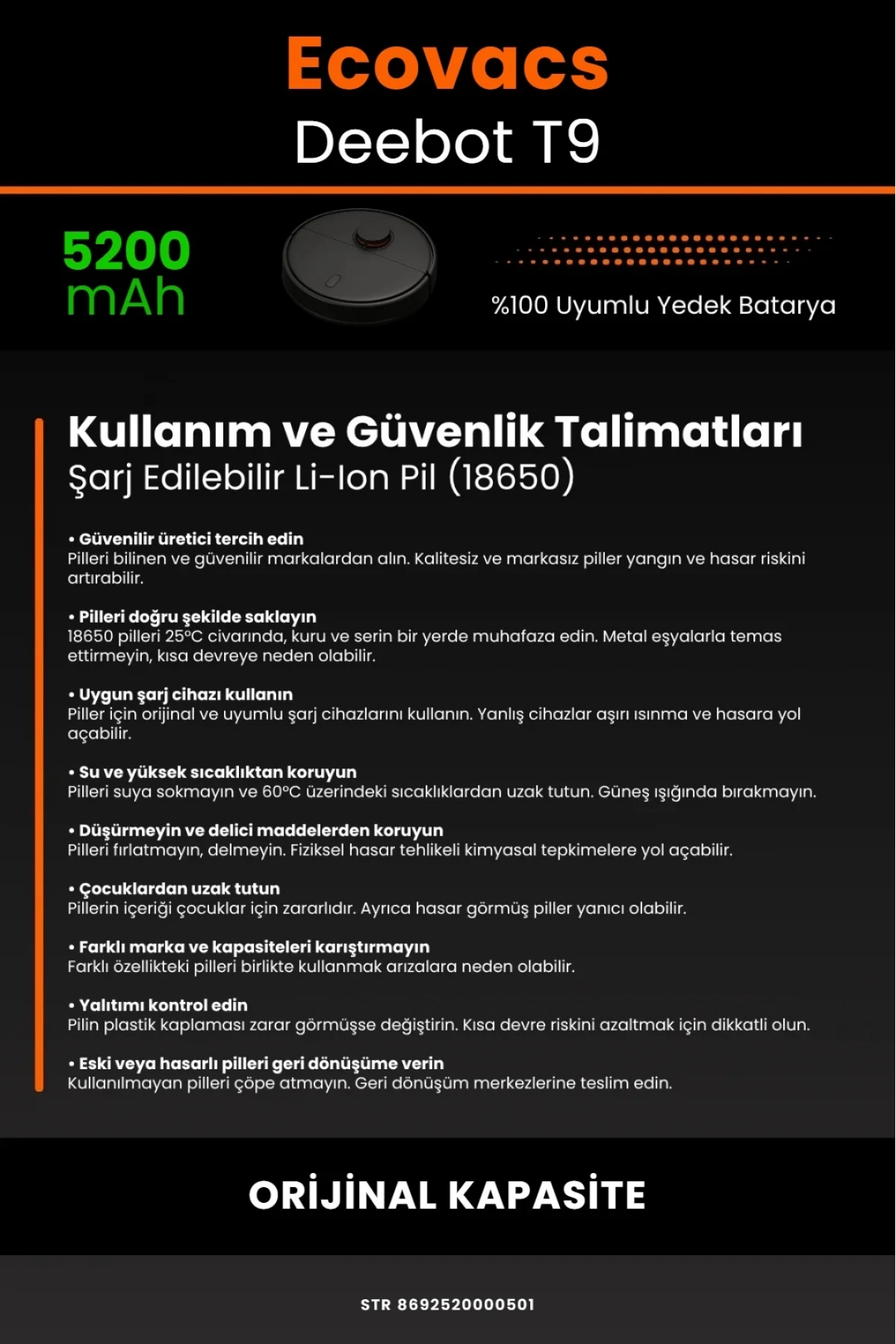 Ecovacs Deebot T9 Uyumlu 5200mAh Robot Süpürge Bataryası - Orijinal Kapasite