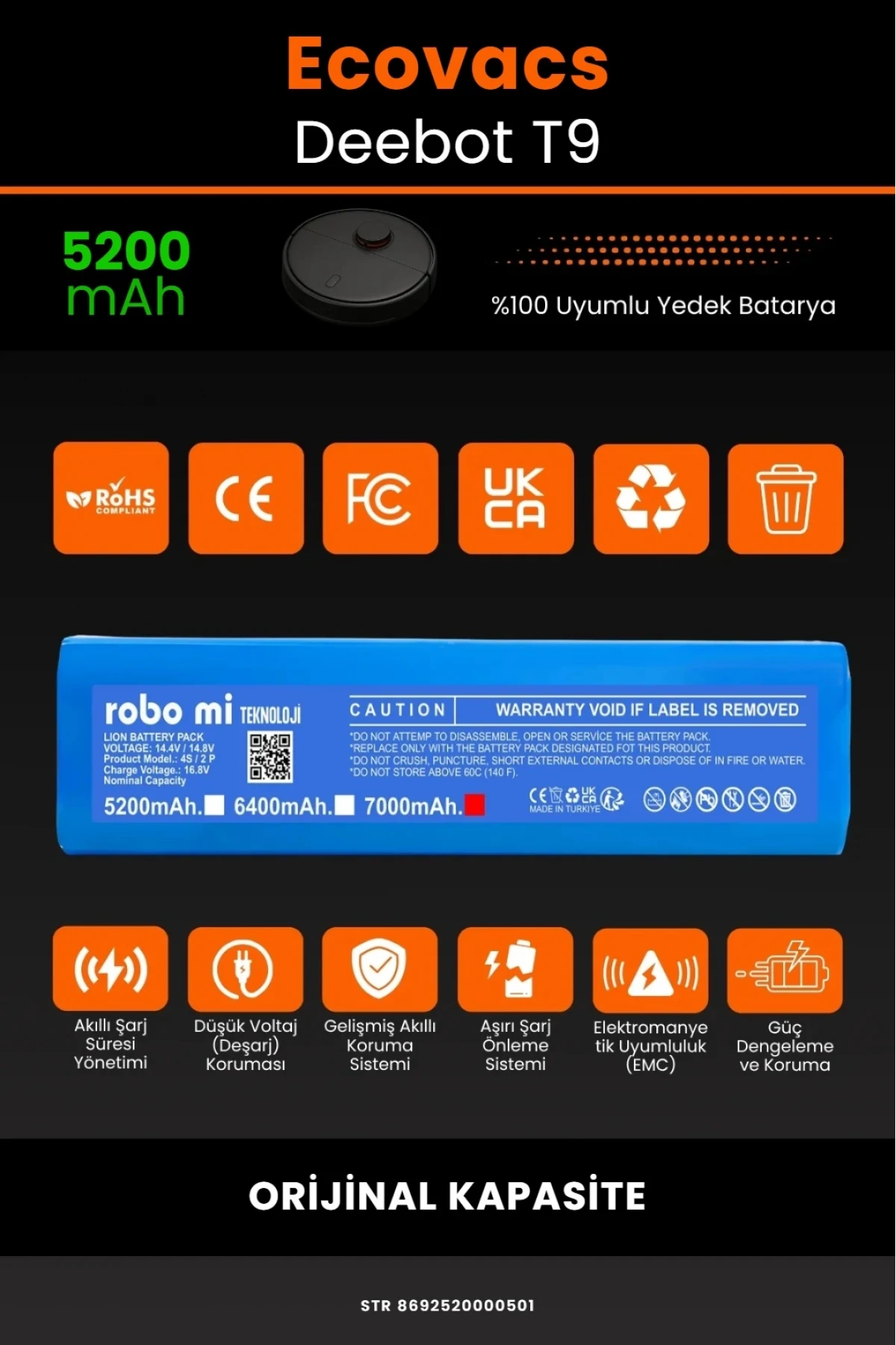 Ecovacs Deebot T9 Uyumlu 5200mAh Robot Süpürge Bataryası - Orijinal Kapasite